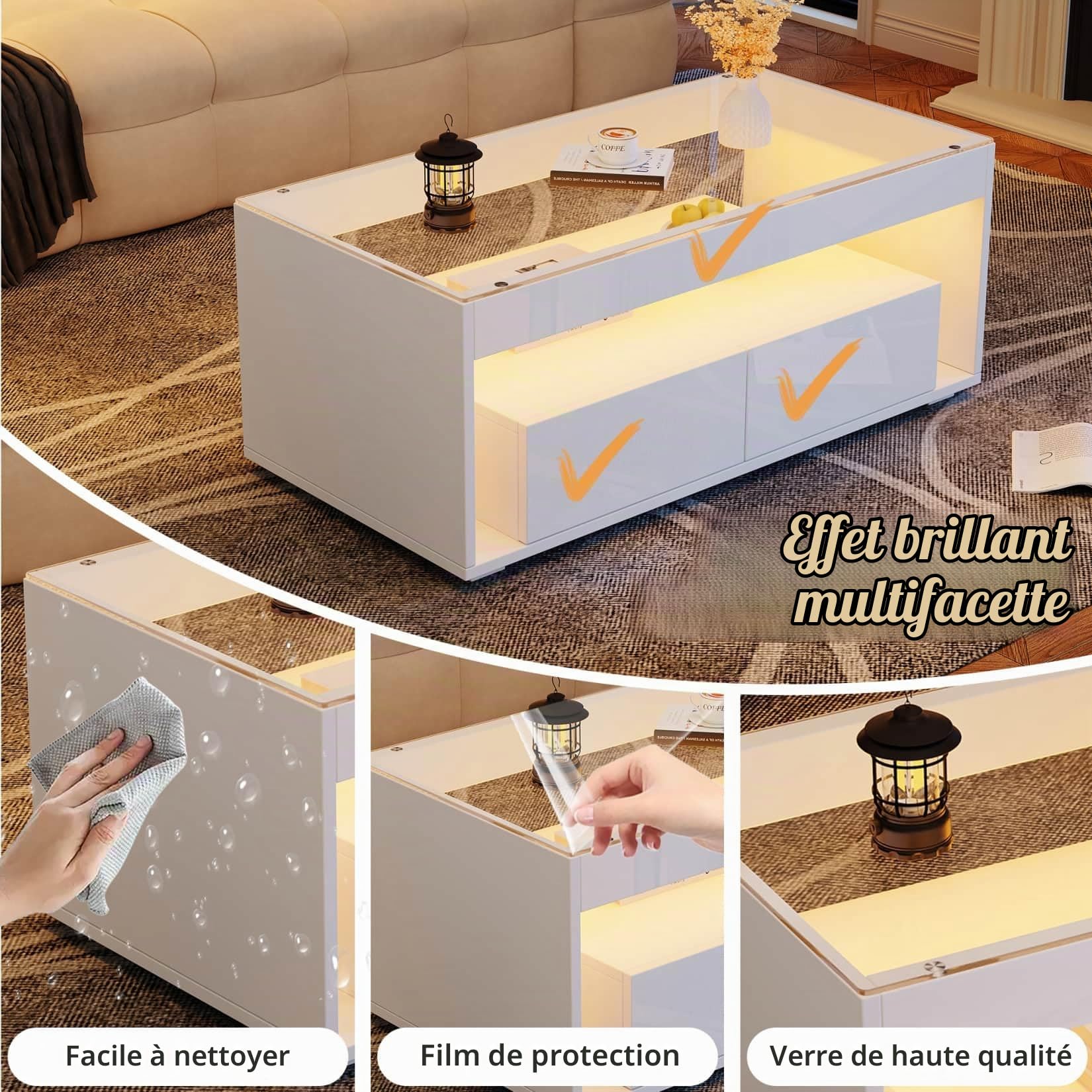 EURHCIO Table Basse Salon Blanche 50x100x40cm,Table D'appoint Brillante,Meuble Bas Rangement avec Lampe LED Réglable,2 Grands Tiroirs,Plateau en Verre,pour Bureaux Appartements (A, Blanc)