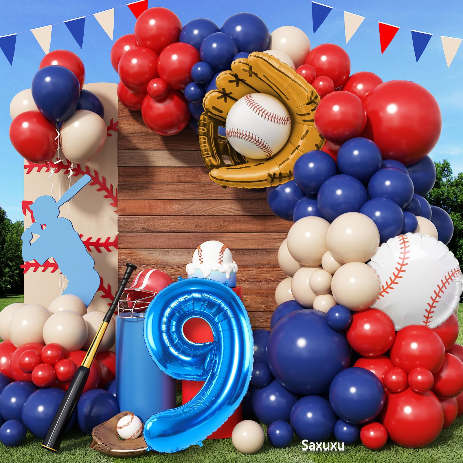 Baseball Balloon Arch with 40-Inch Navy Blue Number 9 Balloon, 9th Birthday Party Decorations for Boys with Red Blue Nude Baseball Glove Foil Balloons