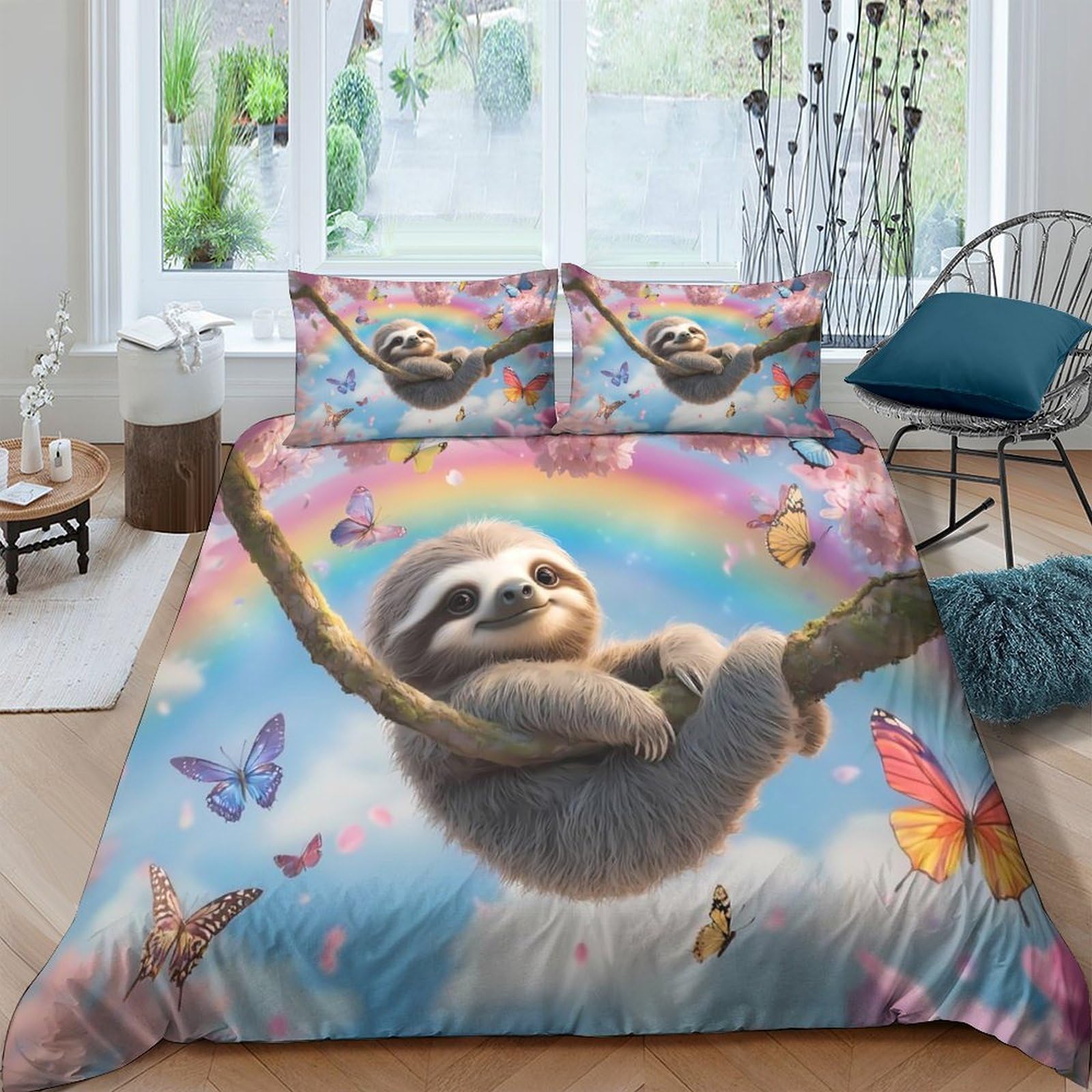 GPLZQXKJNH 3D Printed Rainbow Sloth Duvet Cover Microfiber Soft Breathable Butterfly Bedding Set with 2 Pillowcases for Bedroom Decor Single（135x200cm）
