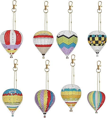 LUSandy 8 piezas DIY 5D colorido globo de aire caliente pintura diamante kits de llavero para adultos doble cara forma especial globo de aire