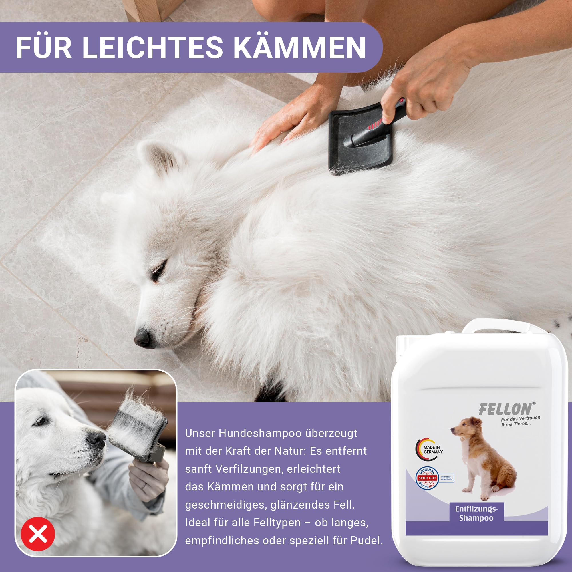 Fellon Champú desenredante para perros – Cuidado suave con pH neutro para un fácil desenredado – Orgánico – Para todas las razas, pelo largo y corto – Evita enredos y picores – 10 litros