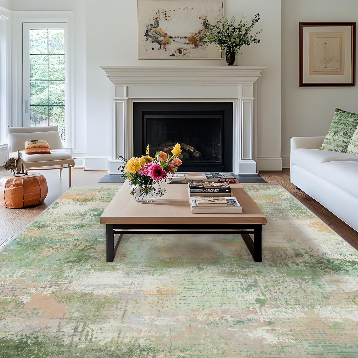 MAST DOO Washable Rugs Living Room Large 160x230cm, Area Rug Modern Abstract Rugs for Bedroom Soft Short Pile, Machine Washable Rug Non-Slip Dining Room Nursery Lounge Home Office Decor, Yellow Green