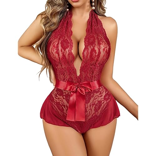 Avidlove Lingerie for Women Lace Teddy Bodysuit Halter V Neck One Piece Lingerie Nightgown XS-XXXL
