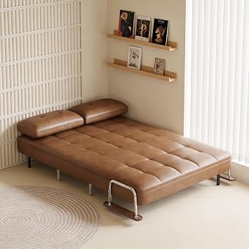 3-in-1 Double Convertible Sofa Bed Chair with Adjustable Backrest, 150cm Mid-Century Space-Saving Folding Sofa, Oil Wax Leather Sofa for Living Room or Guest Bed (Brown)