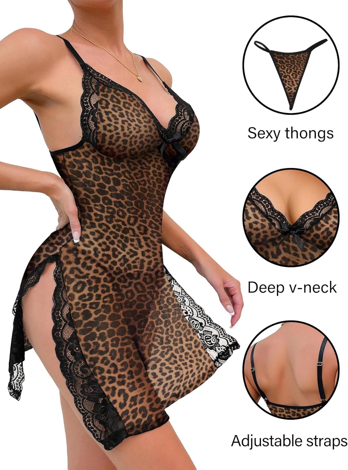 Sexy Split Side Floral Lace Trim Full Slip Night Gown Babydoll Lingerie Dress with Thong 2 piece - Image 2