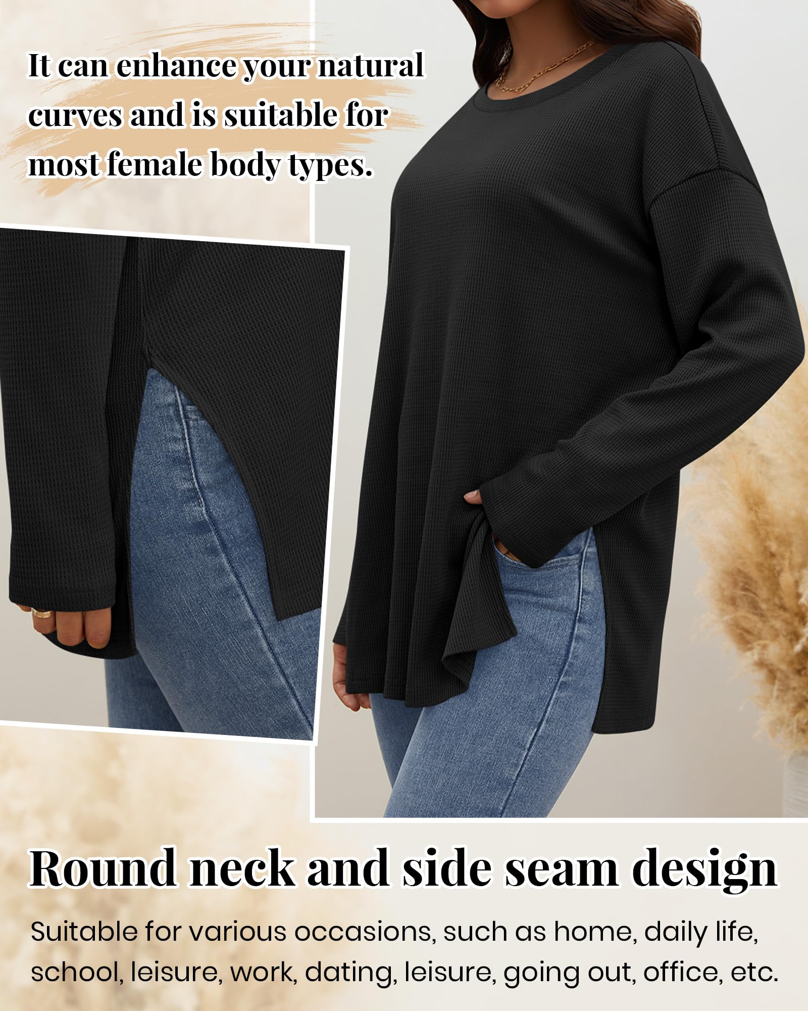 Tenare Lot de 3 Hauts Femme en Maille Waffle Manches Longues, Oversize Col Rond T-Shirts Amples Automne Hiver Basique Blouses