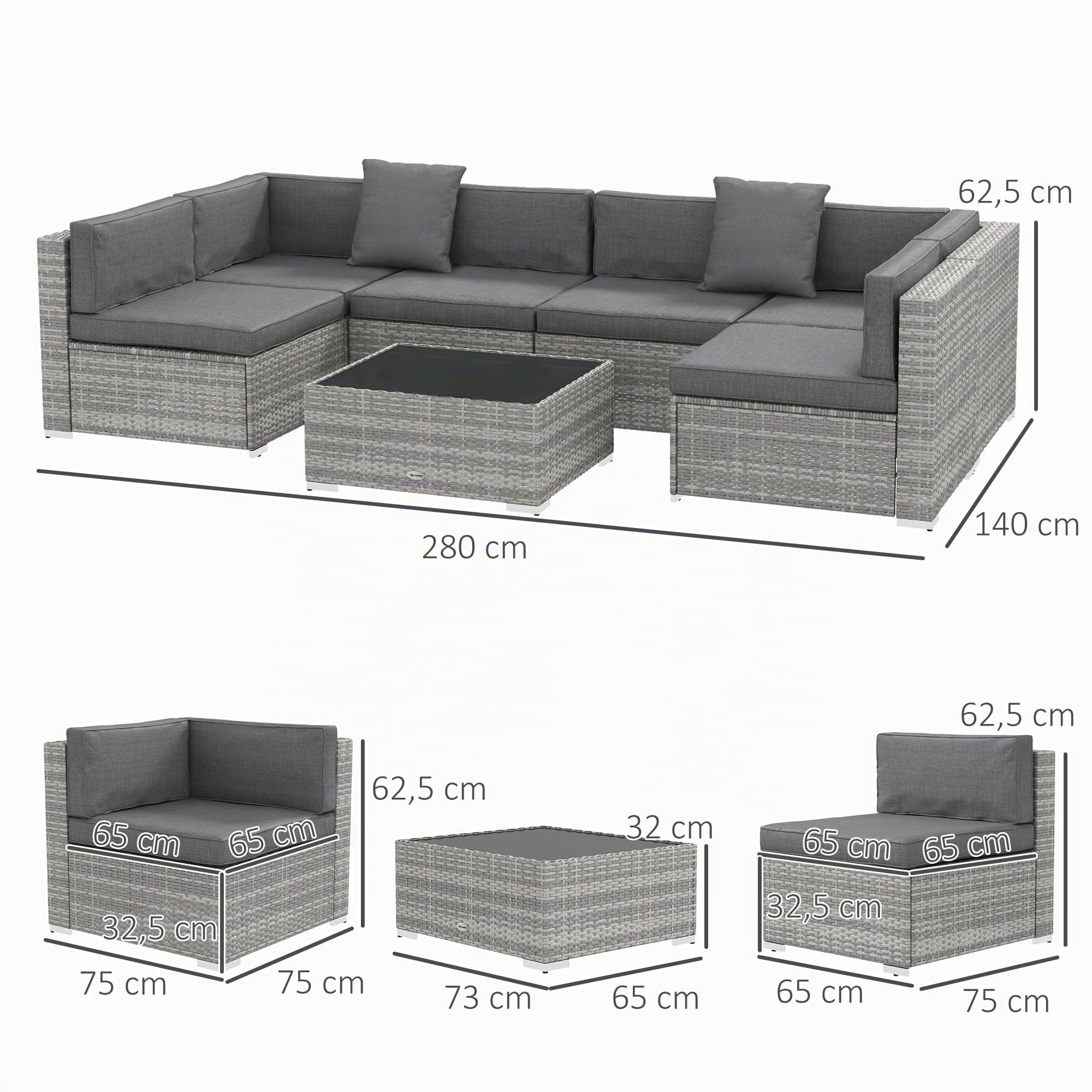 Outsunny Ensemble Salon de Jardin 7 pièces modulables, Coussins déhoussables Inclus, Table Basse avec Plateau Verre trempé, en résine tressée, Gris