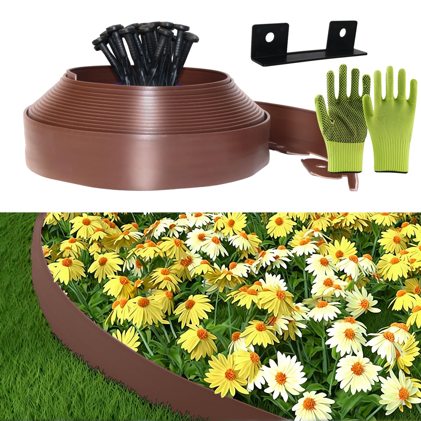 Flexible Plastic Lawn Edging, Flexible Plastic Garden Edging 5cmx10m, Includes 30 anchor points and 1 connectors, with a pair of gloves, Decorative Garden Edging (Brown, 5cmx10m)