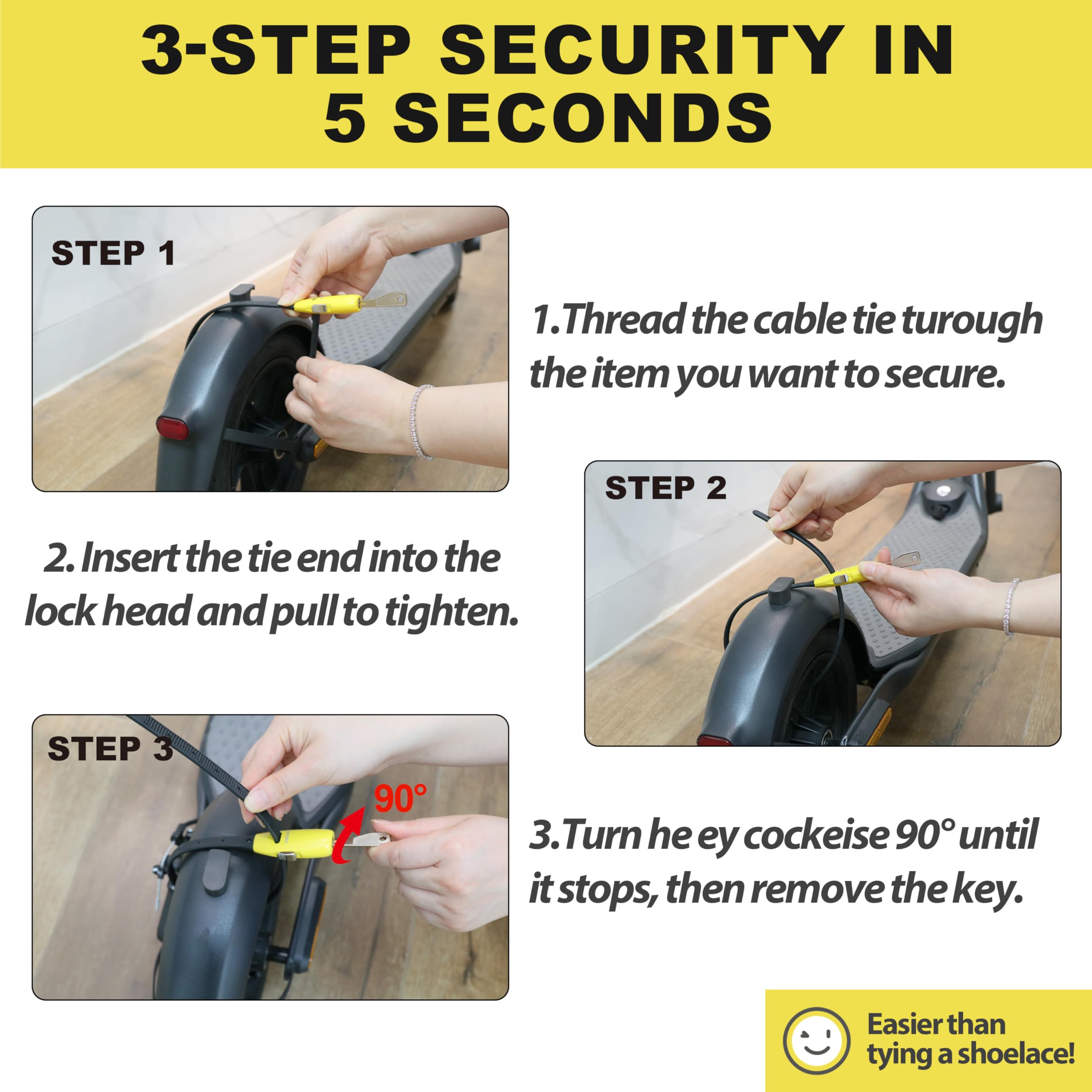 Antivol à fermeture éclair avec 3 clés - 50,8 cm - (1 ensemble, jaune) - Câble antivol en acier inoxydable résistant aux intempéries pour vélos, portails, poussettes, bagages, réfrigérateurs et