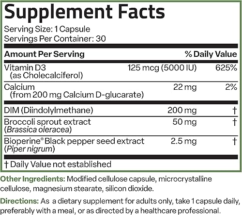 Miniatura 8 de Bronson DIM Balance+ D-glucarato de calcio, brotes de brócoli y vitamina D3 200 mg de DIM por cápsula apoya el metabolismo de estrógeno y los