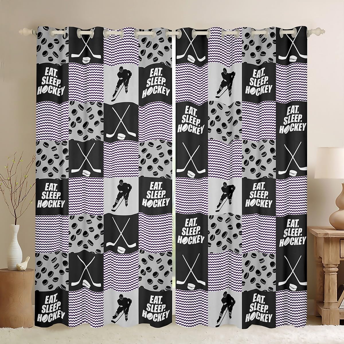 Girls Ice Hockey Curtains Drapes 42"Wx90"L Teen Patchwork Hockey Player Pucks Curtains,Eat Sleep Hockey Window Curtains Sports Window Treatments 2 Panels,Purple Geometric Checkered Black Grey