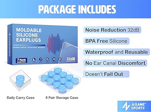 Miniatura 3 de 7 pares de tapones de silicona reutilizables para dormir | Tapones de natación impermeables con cancelación de ruido, reducción de ruido NNR de 32
