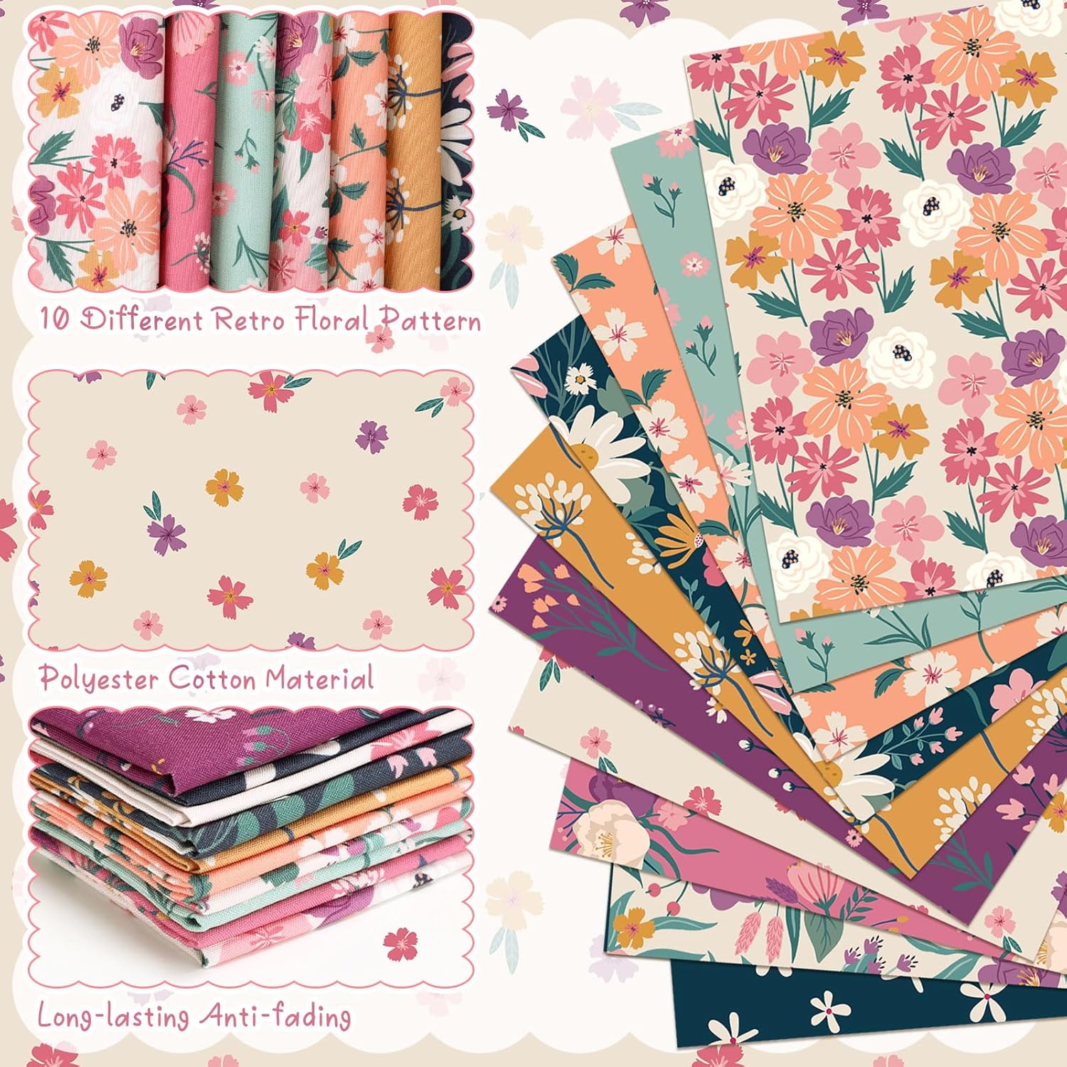 Hahafelt 10 Pcs Retro Floral Quilting Fabric Bundles 20 x 20 Inch Vintage Flower Fat Quarters by The Yard Squares Wildflower Fabrics Precut Patchwork for Spring Summer DIY Sewing Craft Party Decor