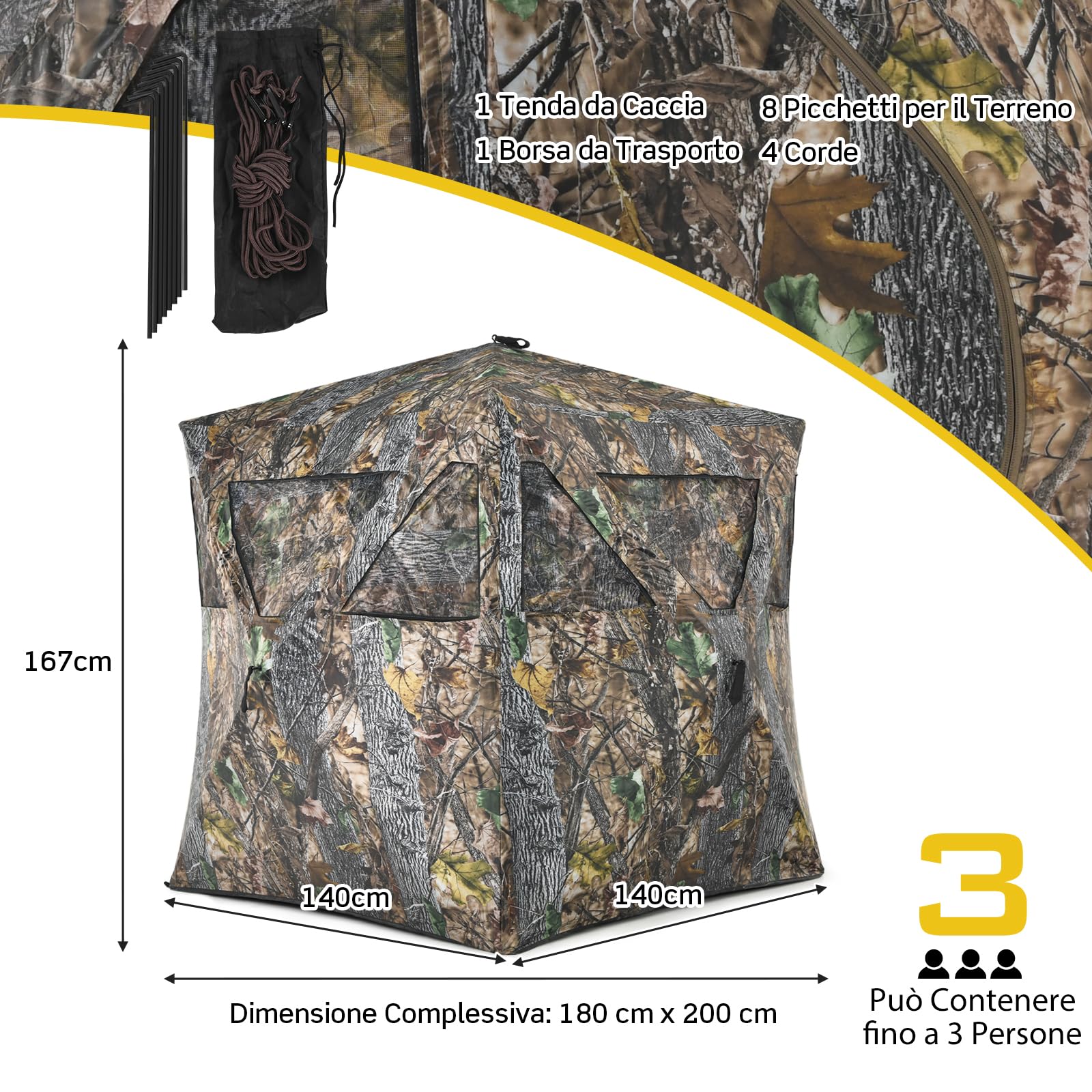 COSTWAY Tenda Portatile per Caccia con Finestre a Rete, Tenda a Terra Pieghevole per 3 Persone con Picchetti da Terra, Borsa per Trasporto