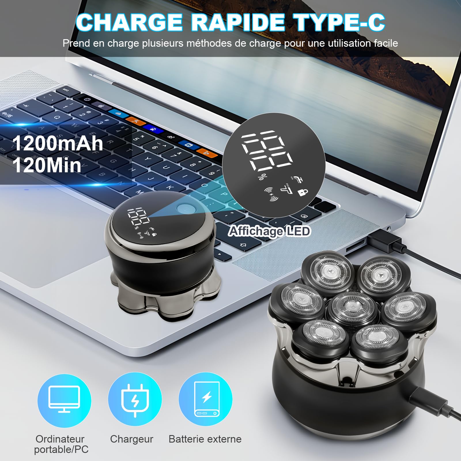 Carehabi Rasoir de Tête Chauve electriques pour Homme, IPX6 Étanche, Rechargeable, Interface Type-C, Tête Flottante Magnétique 7D, Nettoyage Facile, Autonomie de la Batterie Jusqu'à 120 Minutes