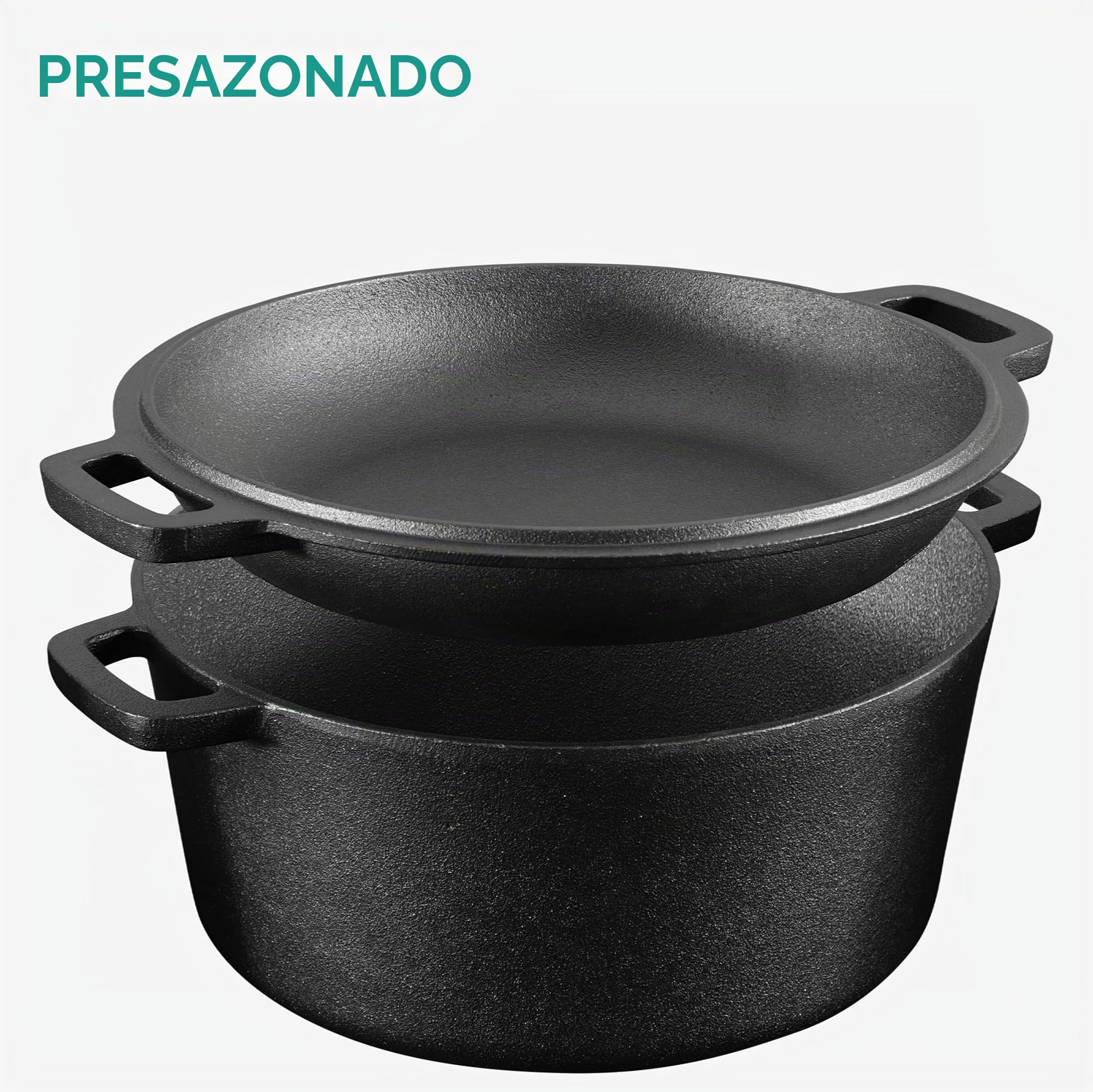 Navaris Sarten hierro fundido con tapa - Sartén holandesa con 2 asas - Apta para cualquier cocina y horno - Sartén sazonada 32 cm de 4,7 l de capacidad - Con manual y recetas