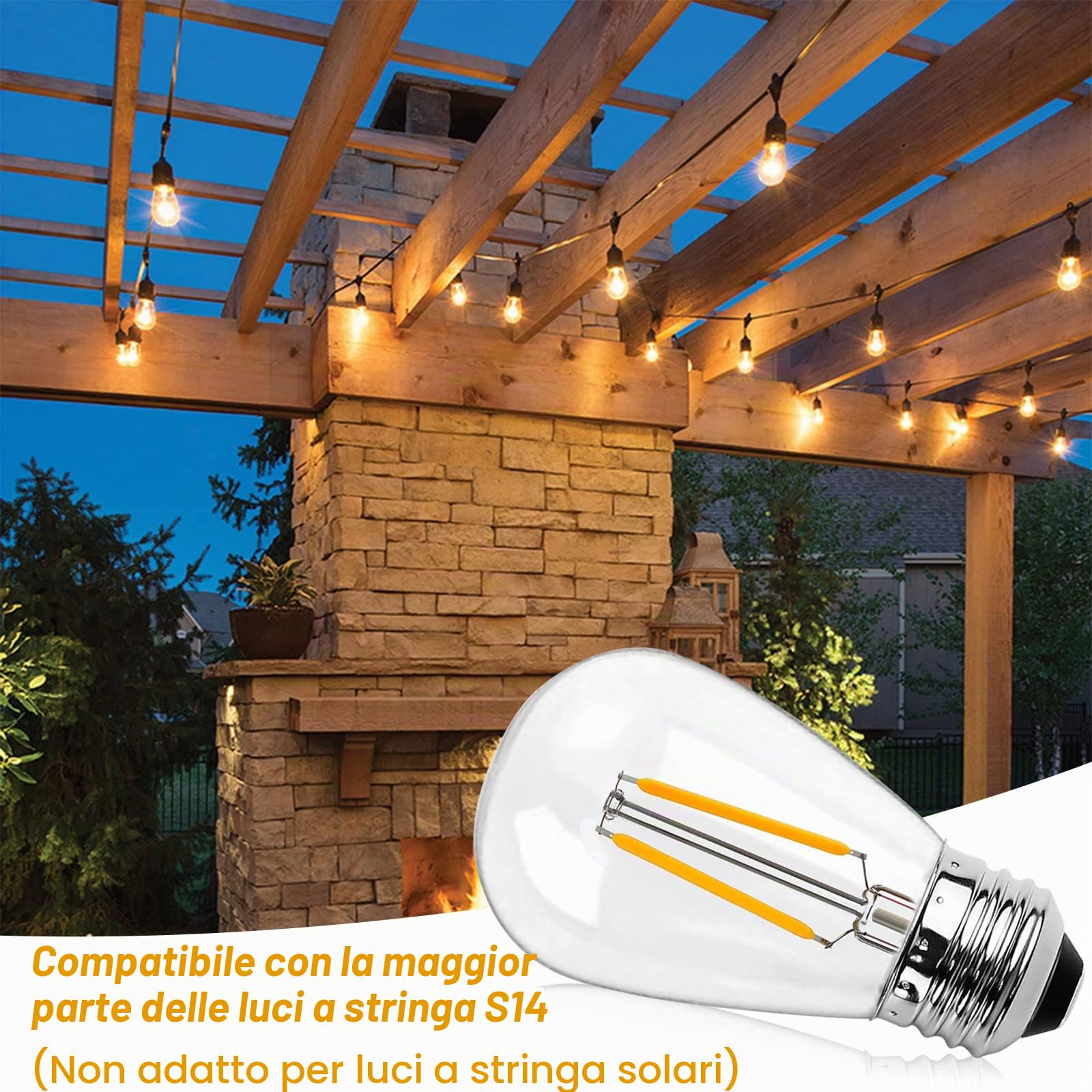 BRIMAX 25 pezzi Lampadina LED E27 S14, Bianco Caldo 2700K 2W 180LM | 230V, vetro trasparente, per stringhe luminose, interni ed esterni, terrazzo, giardino, soggiorno, camera