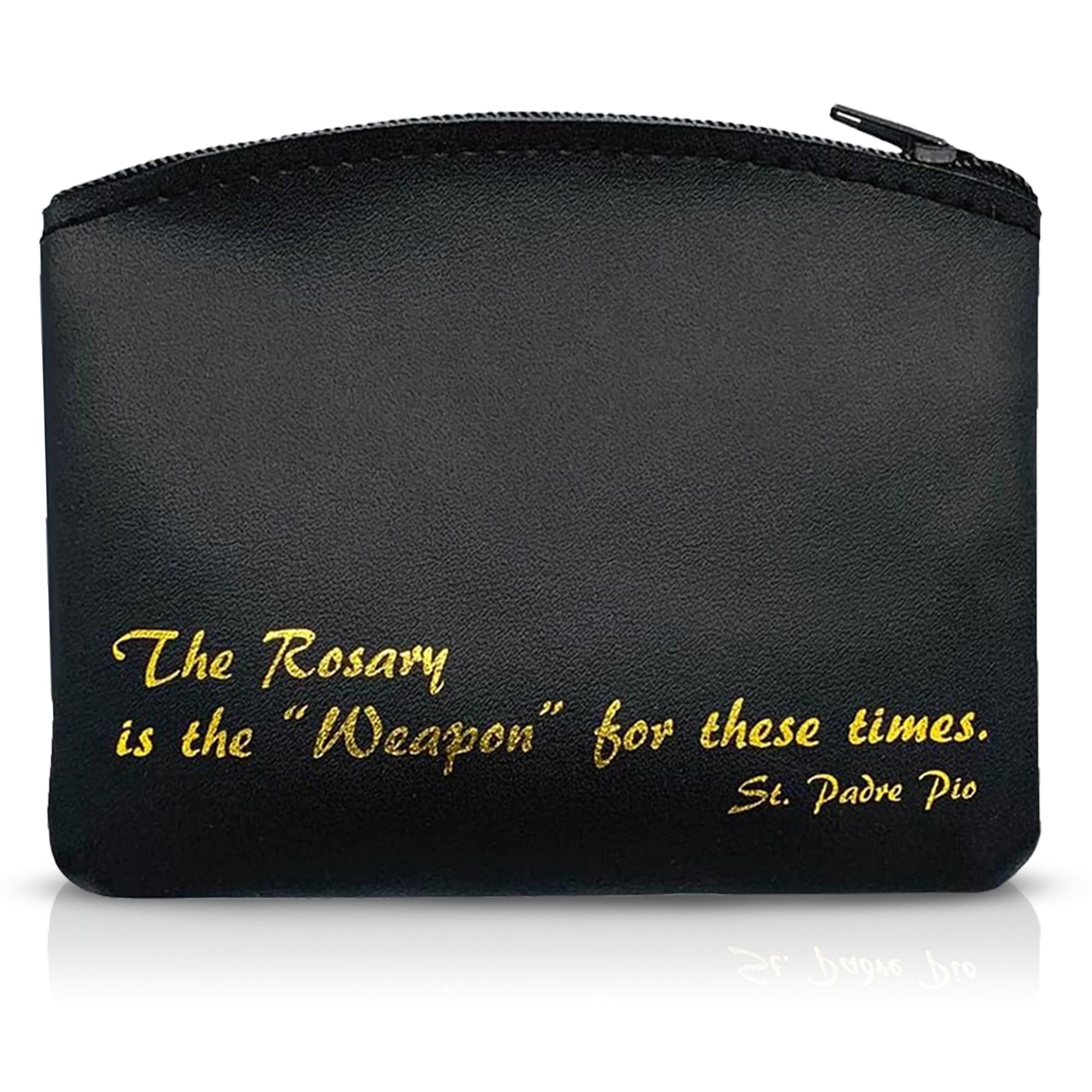 Genuine Leather Rosary Pouch With Cross Imprint and Padre Pio Quote, Black | Case for Catholic Men and Women | Perfect Holder to Keep Beads Safe - Elegant Faithful Accessory
