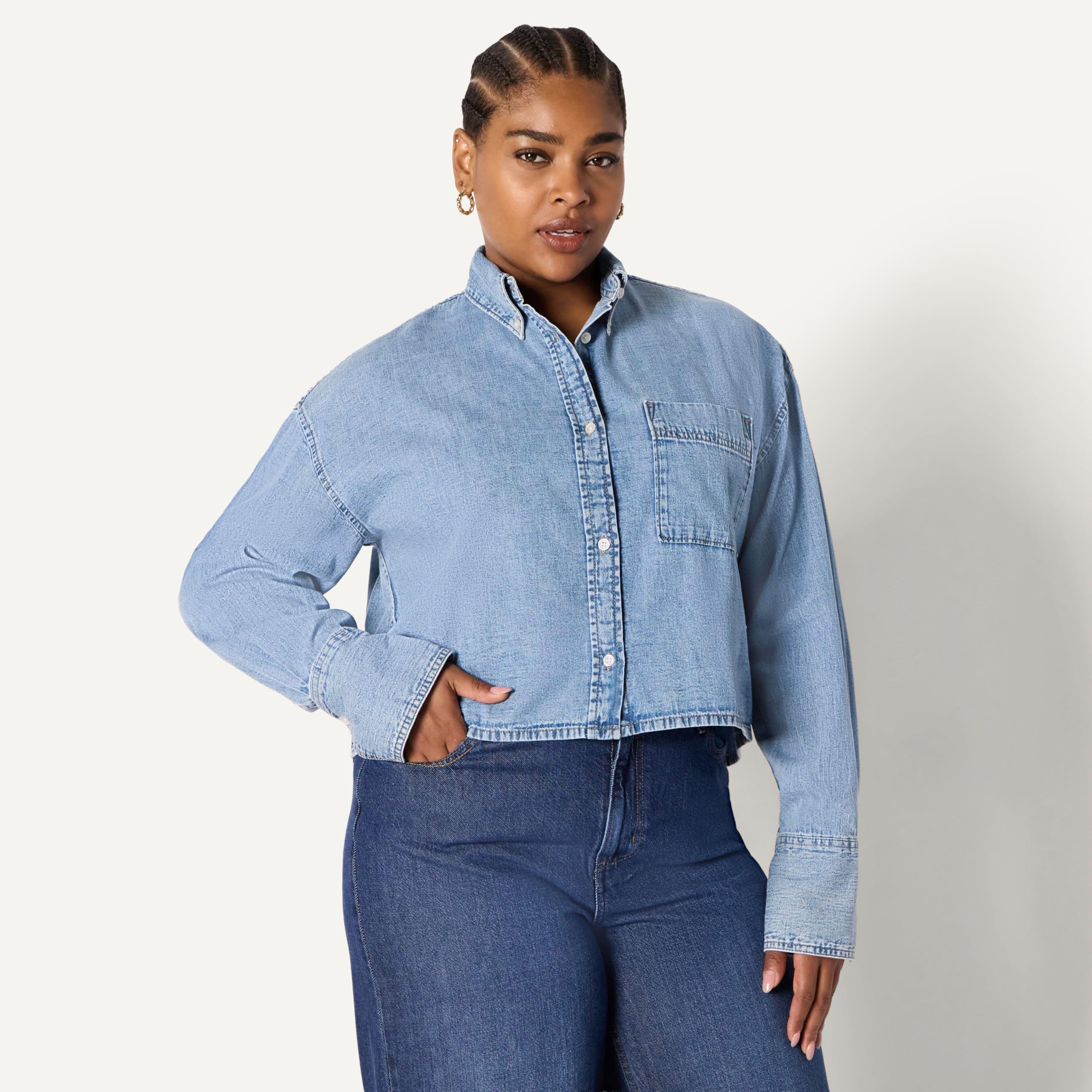 Amazon Essentials Mujer Camisa Corta Moderna de Mezclilla con Botones y Corte Extragrande