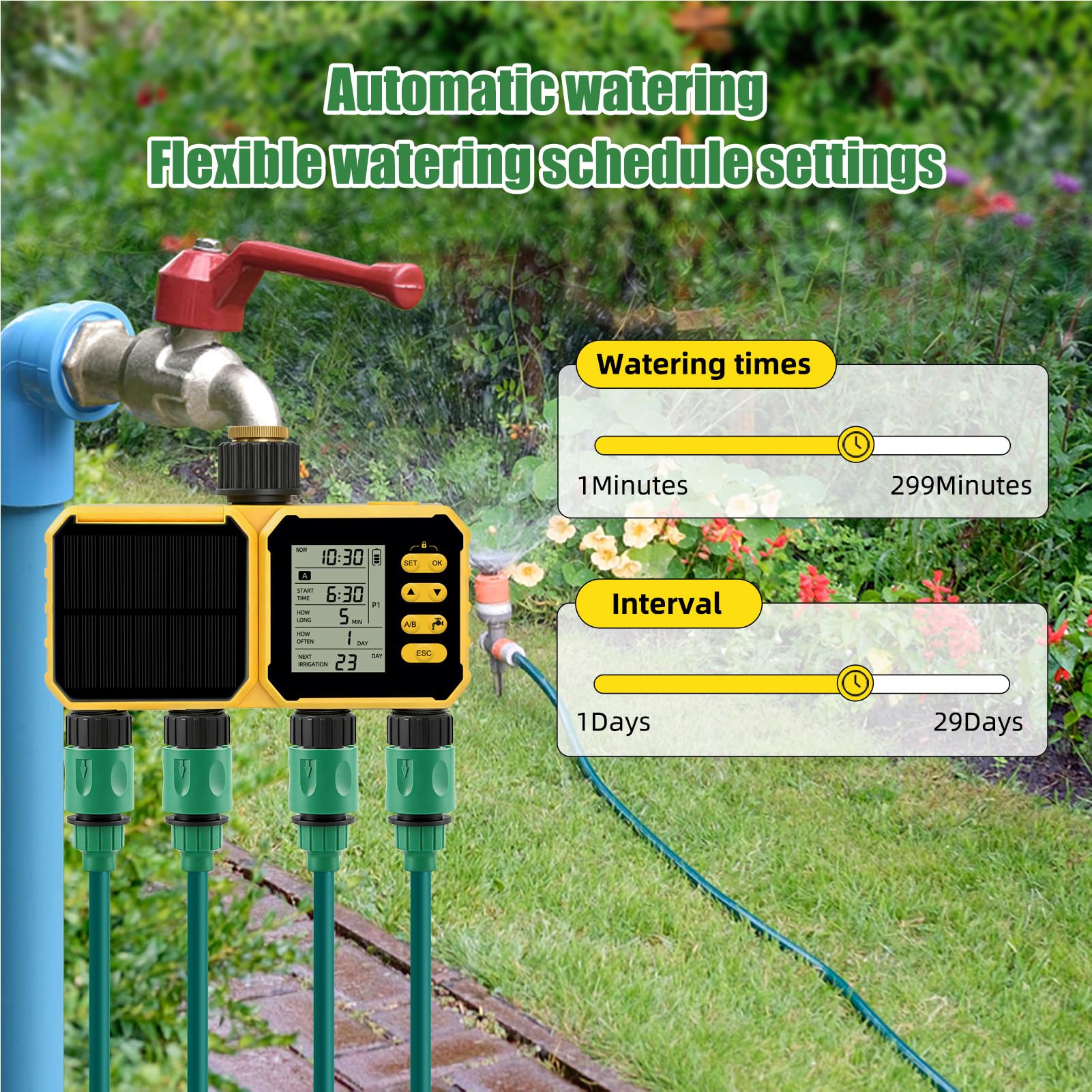 Asixxsix Temporizador de riego con Sensor de Lluvia Inteligente, Programa Personalizable, Controlador de riego con Doble alimentación, Temporizador de Agua para Jardines y céspedes