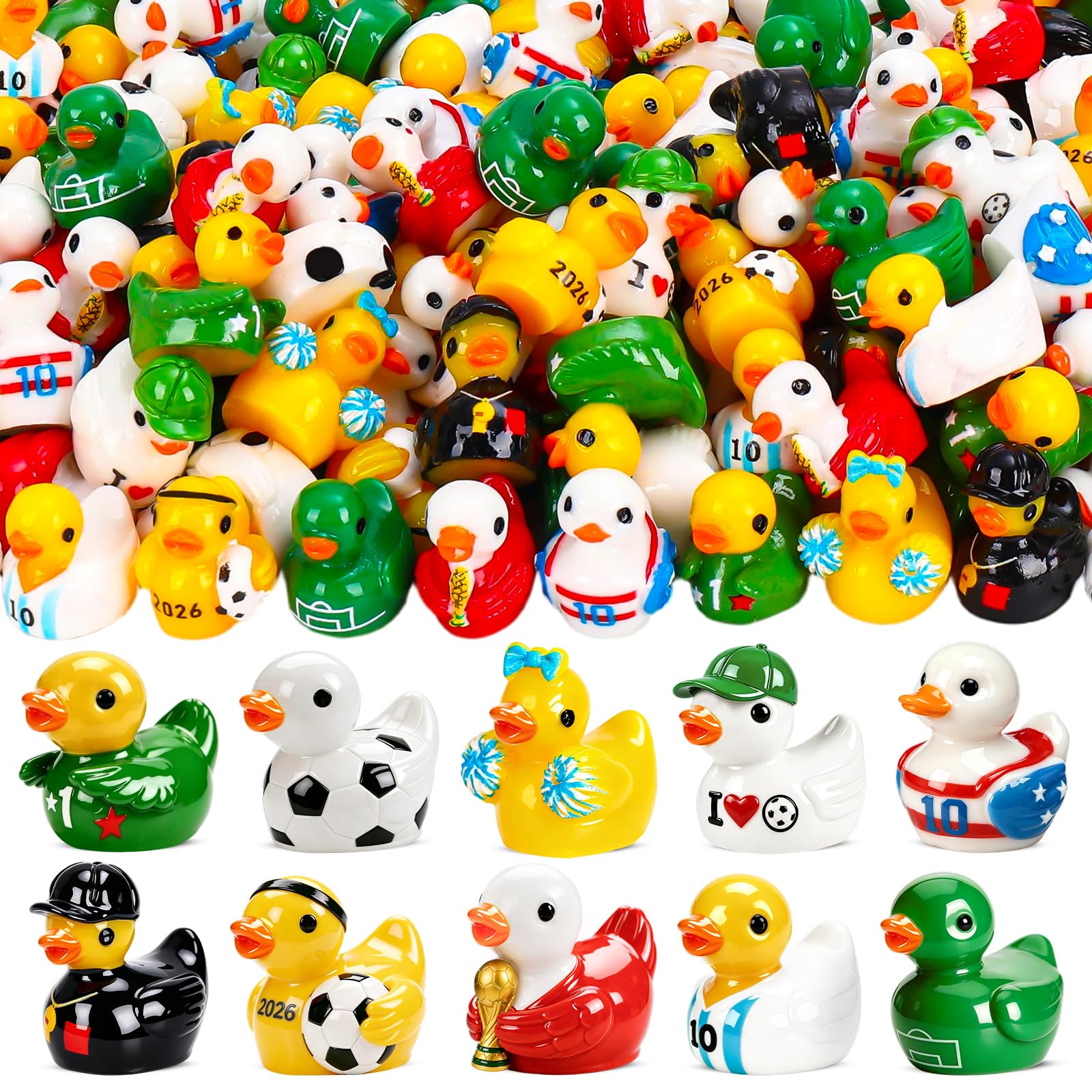 QAUYETM 120Pcs World Soccer Cup Mini Resin Ducks 10 Style Sports Theme Miniature Soccer Ducks Bulk Player Referee Goalkeeper Tiny Duck Figures for Soccer Party Favors Desk Shelf Decor Sports Fans Gifts - dollhouse accessories | Mubboo