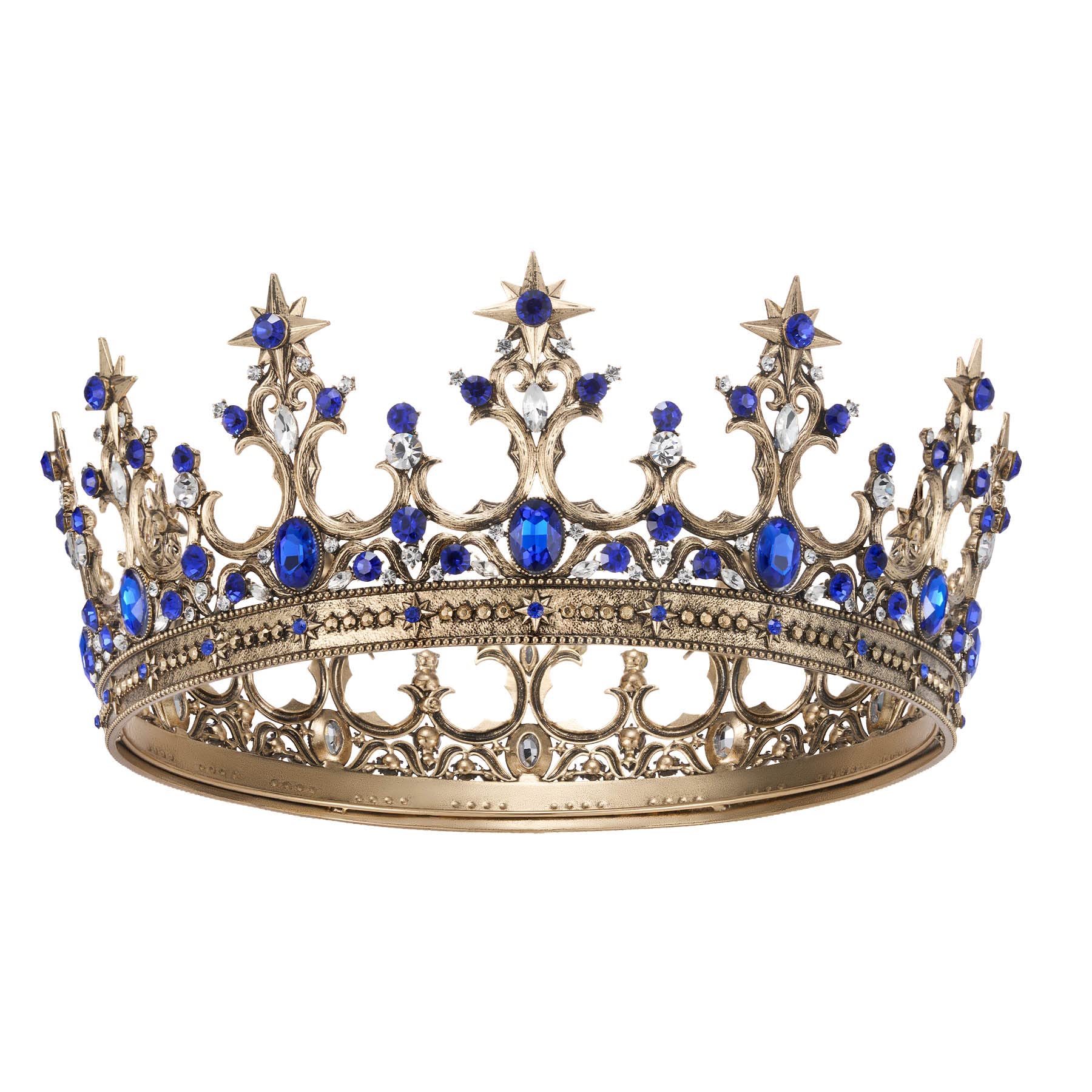 SWEETV Wedding Blue King Crown for Men, Full Round Crystals Mens Crown Wedding Hats Bridegroom Crown for Prom Halloween Birthday Party, Gold Blue