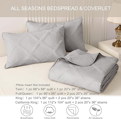 Miniatura 6 de Exclusivo Mezcla Juego de edredón ultrasónico tamaño matrimonial y queen, edredón de 3 piezas gris claro Queen (90 x 96 pulgadas) con 2 fundas de