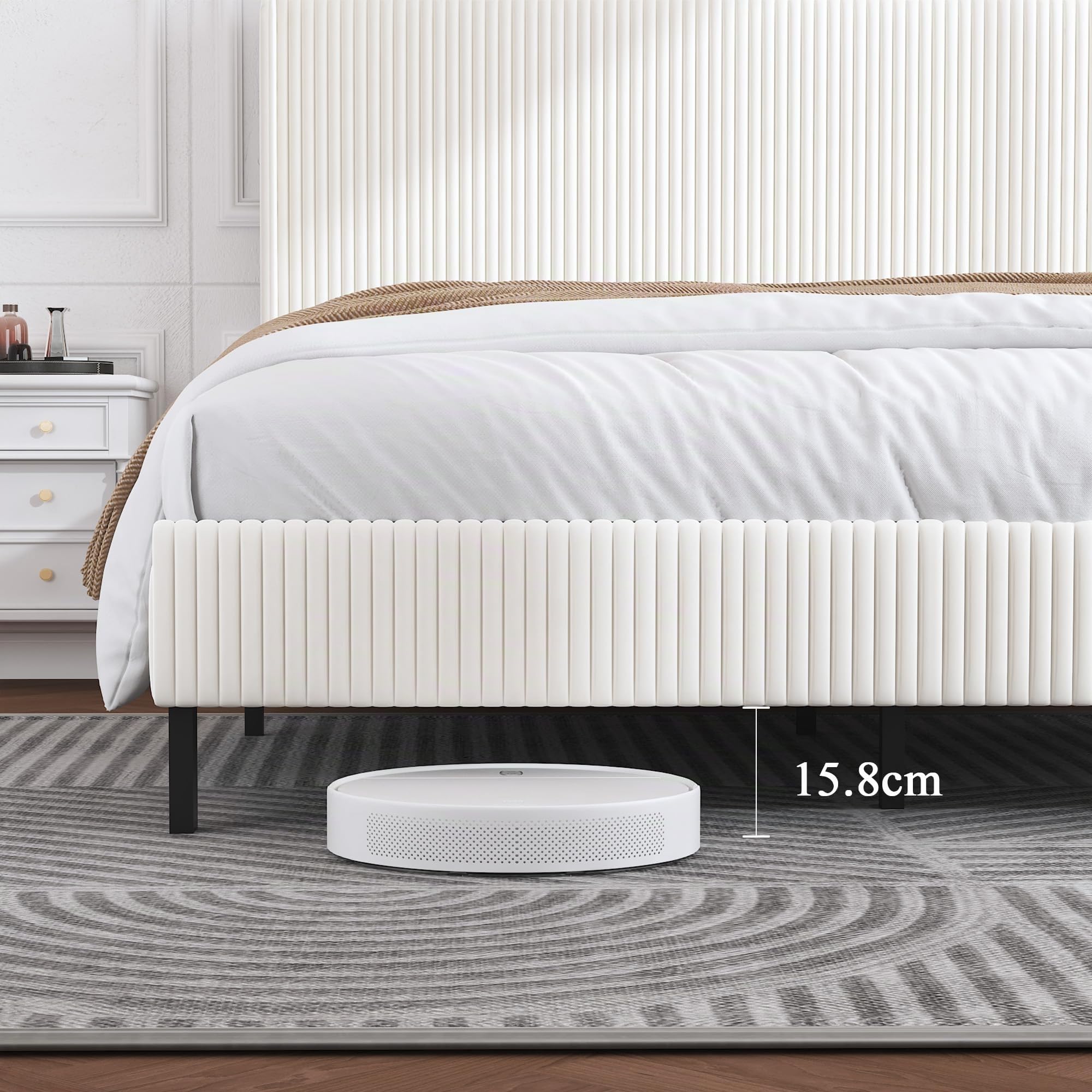 OKMYHOME Cama Tapizada 180x200 cm, Cama Doble Grande con LED y Puerto USB Tipo C, Estructura con Somier de Láminas de Metal, Tela Acanalada, Beige, Sin Colchón