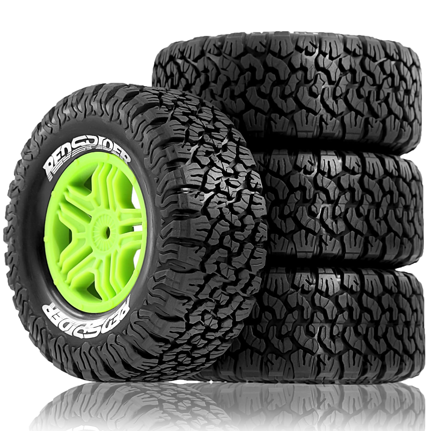 Chanjorlin 1/10 RC Short Course Truck Plastic Wheels 12mm Hex and Tires OD 4.41" 5-Spok Off Road Tyres for 1:10 Scale Truck Car TRAXXAS Slash 4X4 2WD ARRMA SENTON 3S Losi Redcat Rc4wd 4PCS (Green)