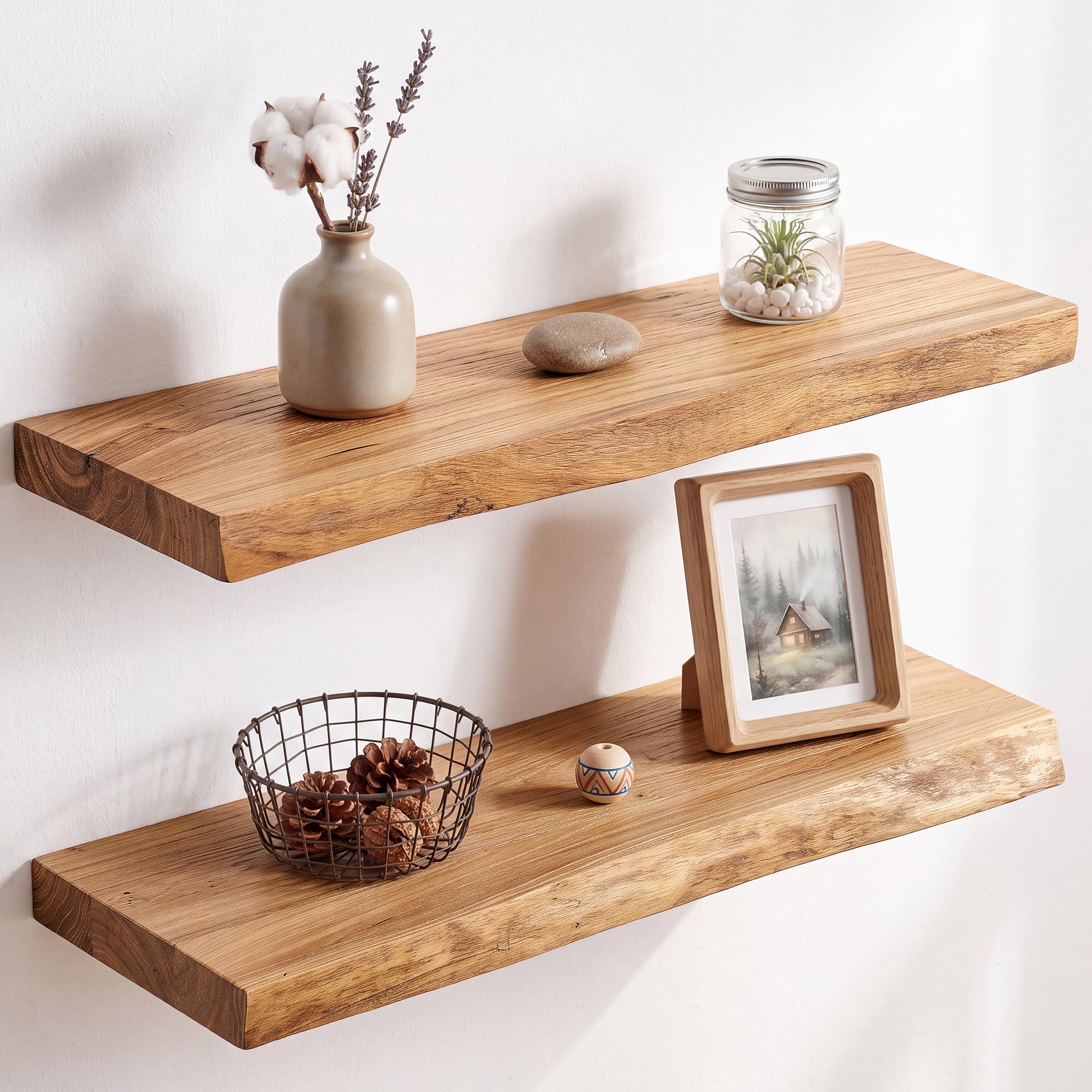 Feihorrm Floating Shelves, 60cm Handmade Reclaimed Elm Solid Wood Live Edge