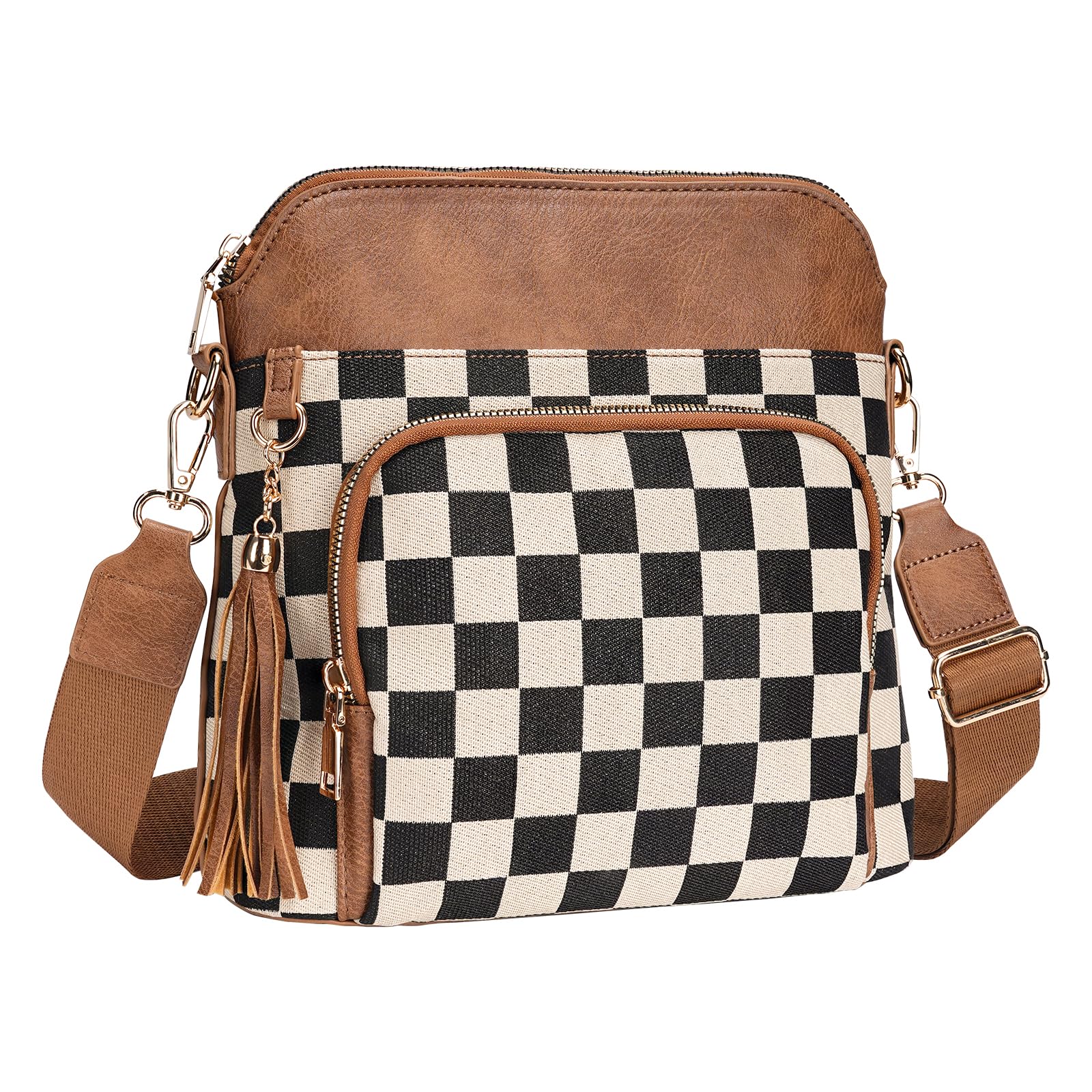Checkered Crossbody Bag for Women Checkered Purse with Leather Tassel Plaid Cross Body Bags Shoulder Handbags