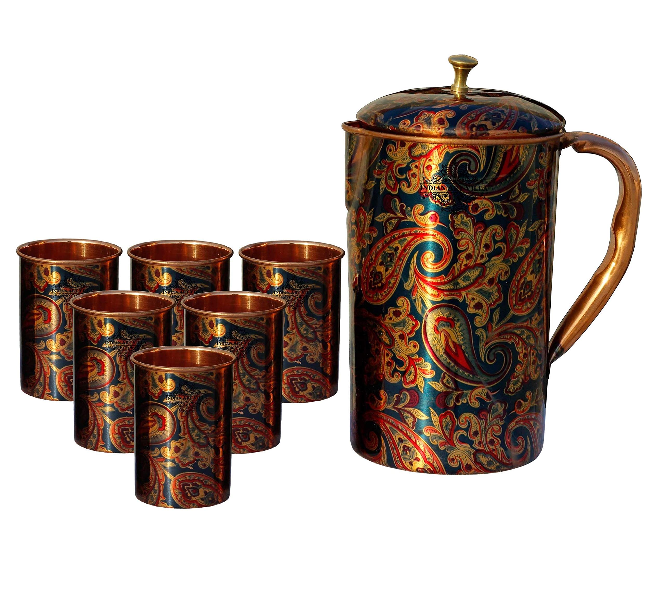 Indian Art Villa Printed Design Pure Copper 1 Jug 6 Glass Set Drinkware Storage Serving Water Color- Blue