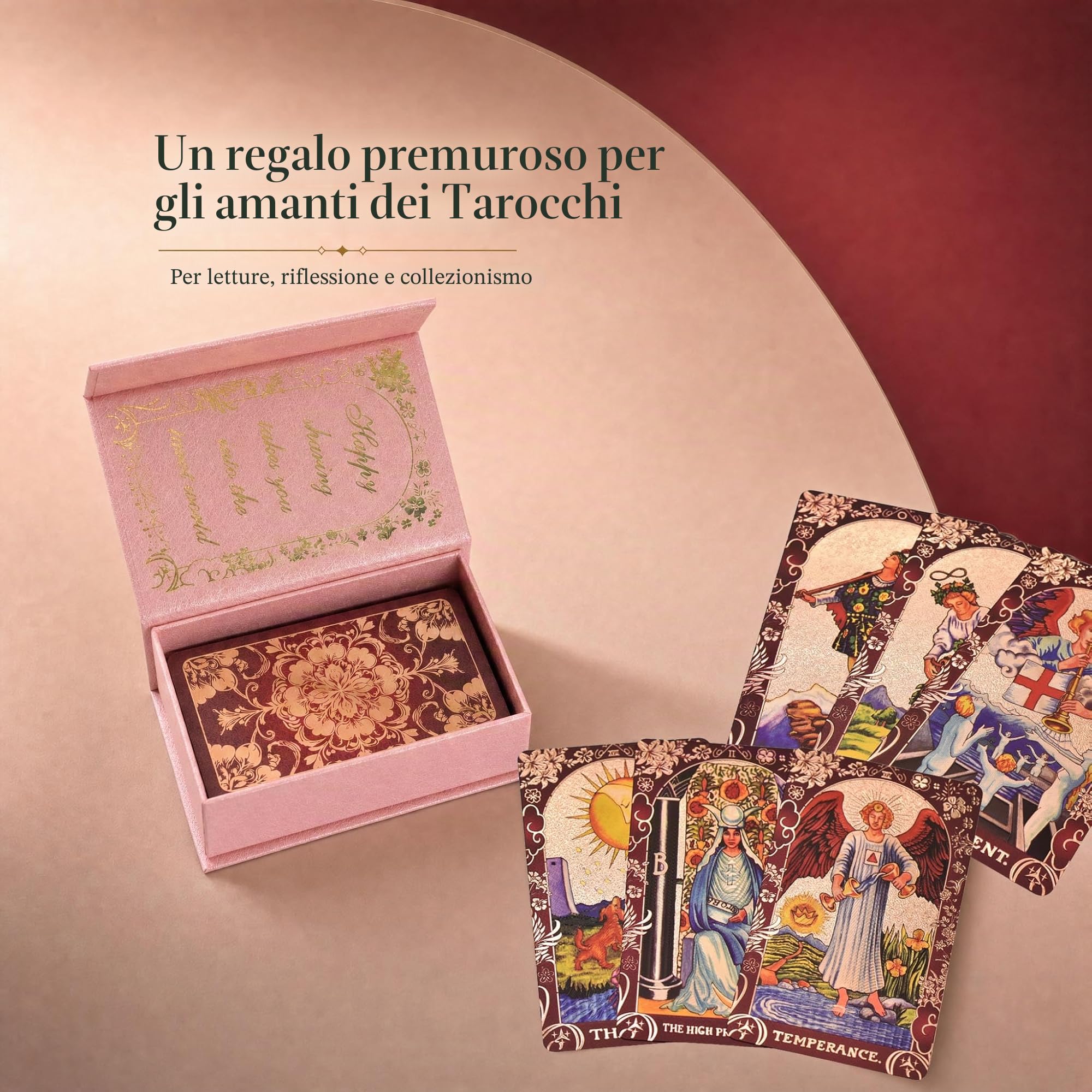 Tarocchi Inglesi Rosso Vino in Lamina d’Oro, 78 Carte + 2 Carte Bonus, Mazzo Tarot Impermeabile in PVC con Guida Illustrata da 36 Pagine