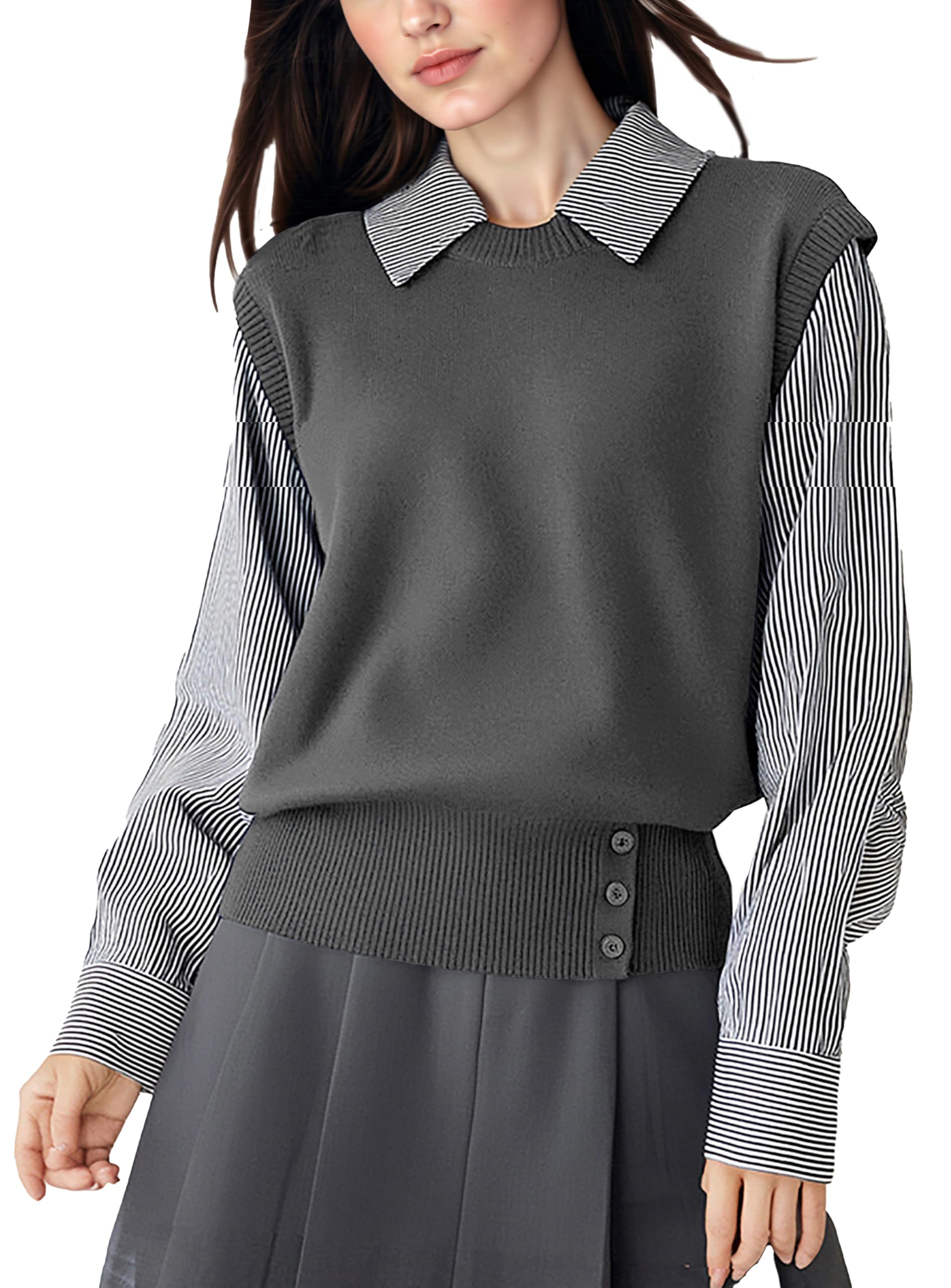 LAI MENG FIVE CATS Womens Collared Patchwork Stirpe Tops Casual Long Sleeve Pullover Blouse