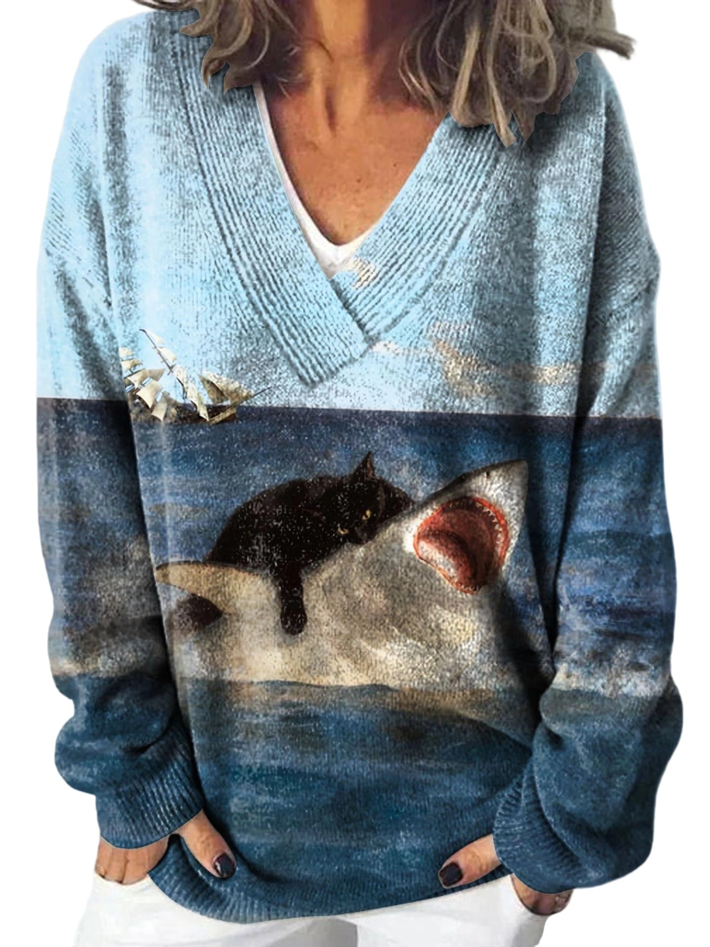 Womens Cat Print V Neck Sweater Long Sleeve Casual Knit Pullover Cute Fall Sweaters for Women