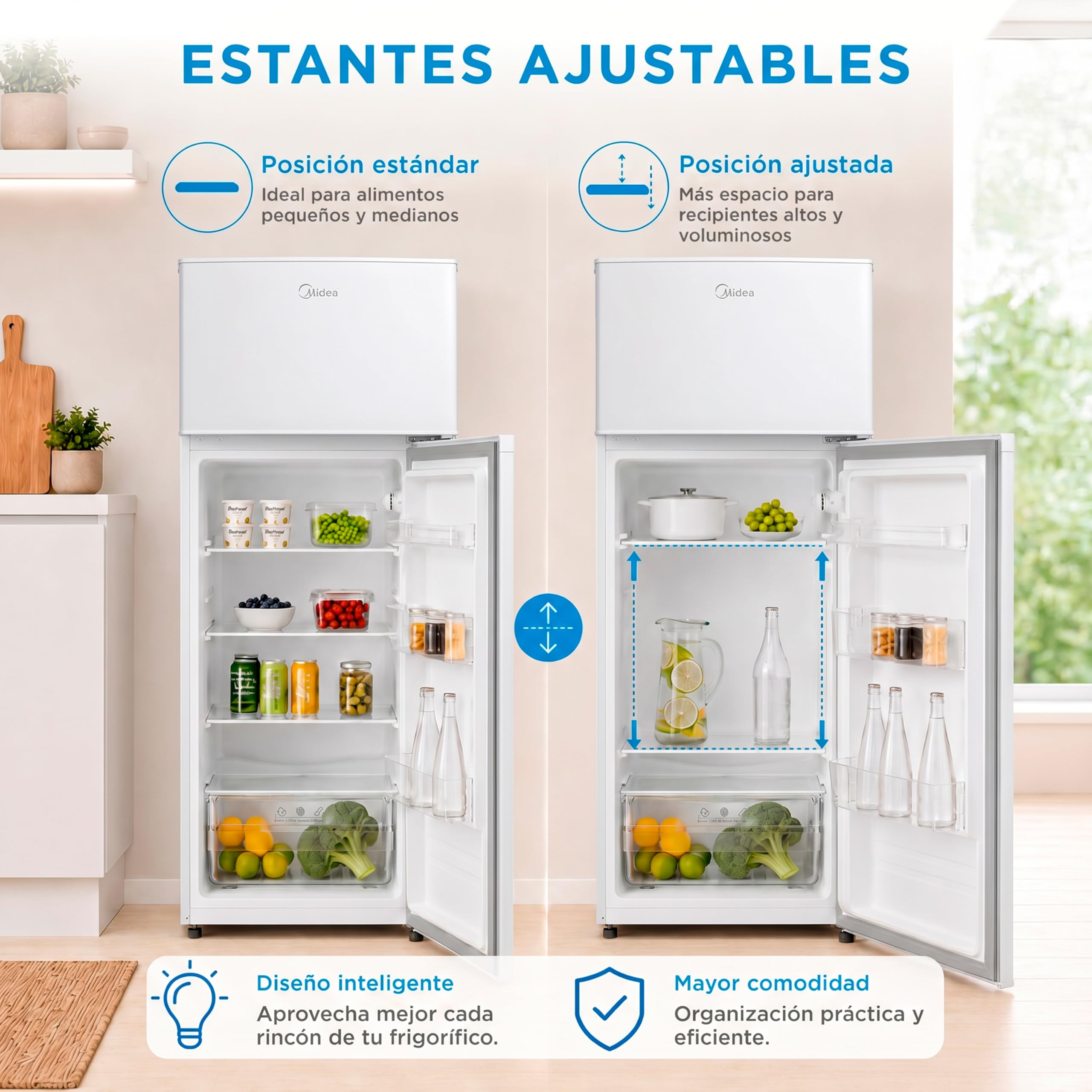 Midea Frigorífico 2 puertas 140 cm alto x 55 cm ancho, Blanco, Capacidad 204 L, Nevera Pequeña con Congelador Low Frost de Bajo Consumo, Puerta Reversible, Luz LED, Silencioso 40dB, Cajón de Frutas