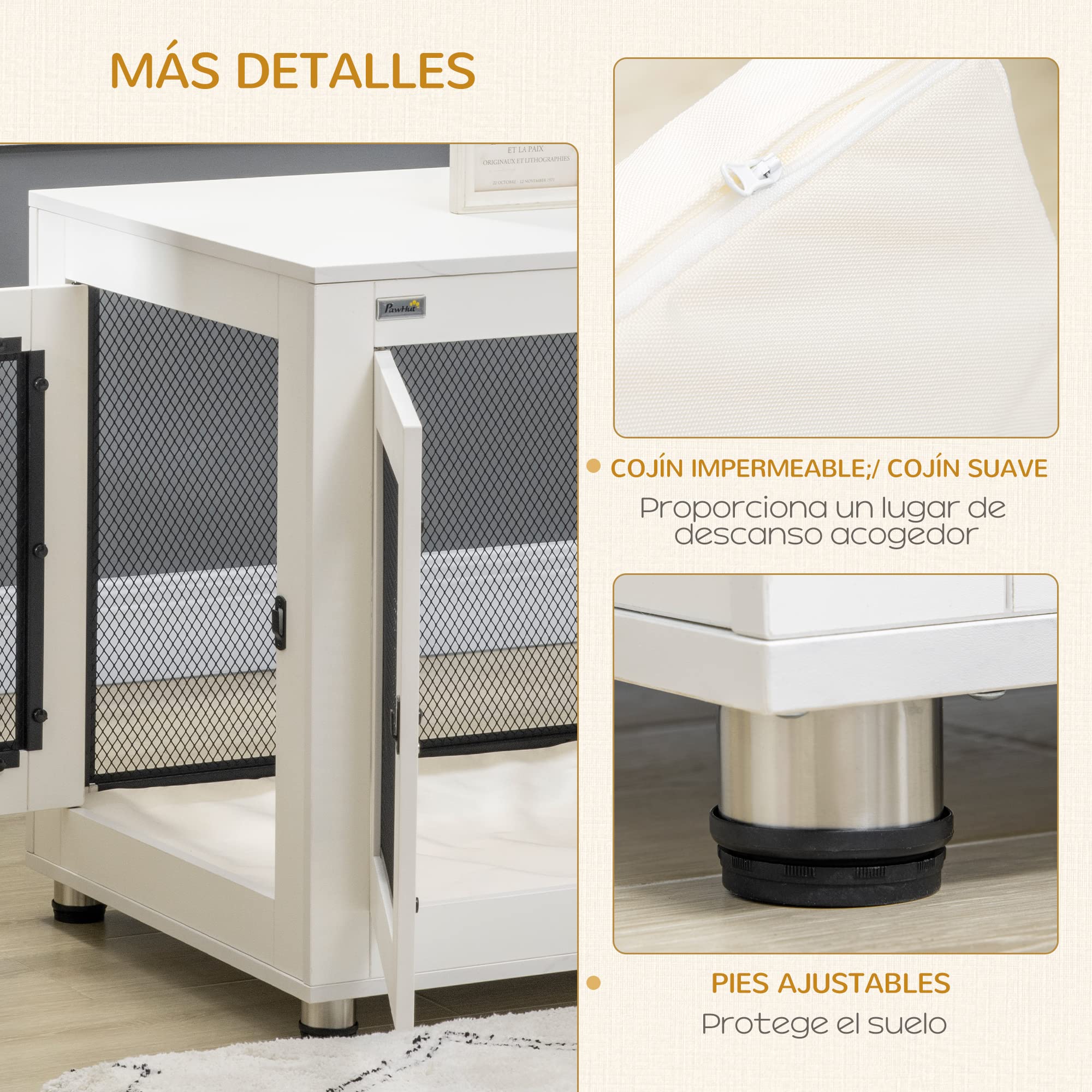 PawHut Jaula para Perros Grandes Estilo Mueble Casa para Perros 94x60x71,5 cm Mesa Auxiliar con 2 Puertas de Pestillo Cojín de Tela Oxford y Rejillas de Acero Blanco