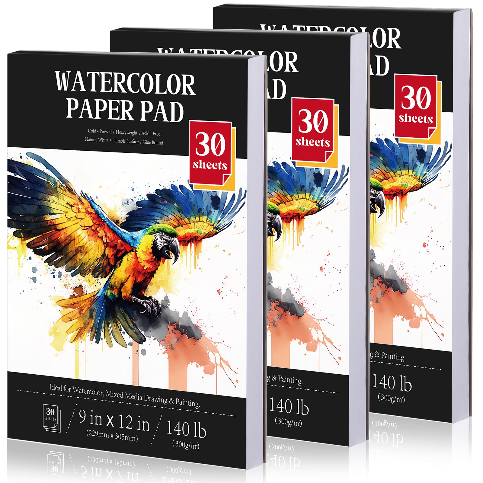 Harloon3 Pcs Watercolor Paper Pads Cold Press Paper 90 Sheets (140lb/ 300gsm) Watercolor Paint Paper for Artist Adults Kids Students Beginning(9 x 12 Inches)