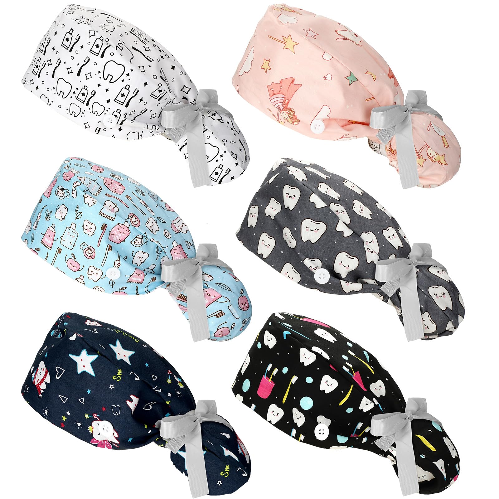 Honoson 6 Pcs Dental Scrub Caps Women Dentist Nursing Hats Adjustable Bouffant Nurse Hats Ponytail Turban Caps