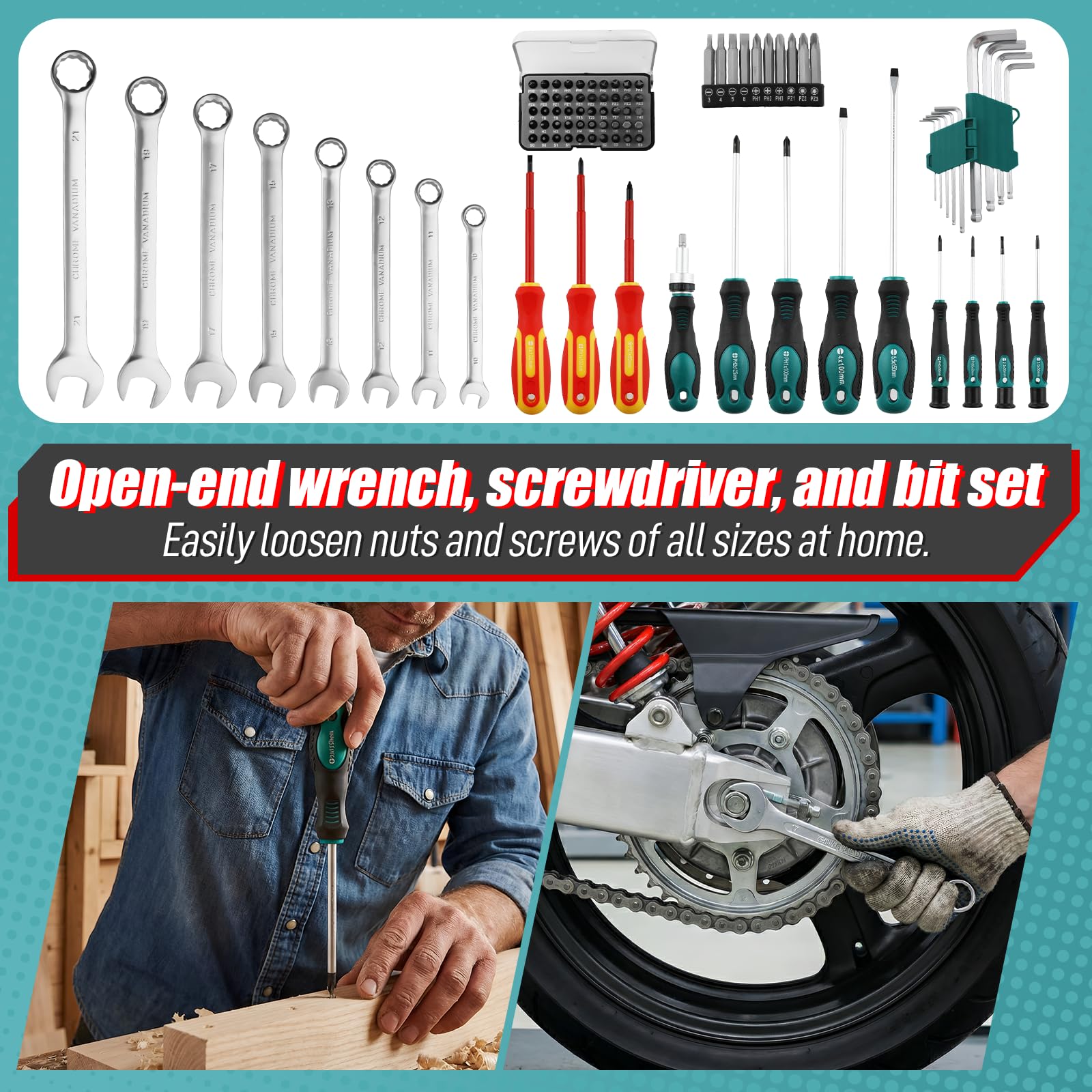 TLGREEN Set di attrezzi da 128 pezzi, con funzione trolley, cassetta degli attrezzi, cassetta degli attrezzi, cassetta degli attrezzi, portatile, per fai da te, maestri artigianali, officina