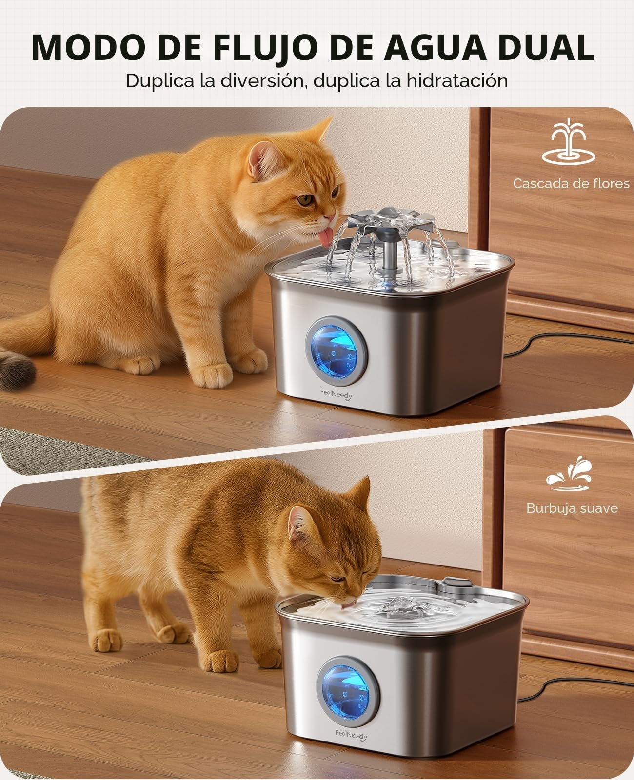 2.8L Fuente para Gatos Acero Inoxidable con 3 Filtros, FEELNEEDY Bebedero Gatos Ultra Silencioso, Filtración de Cuatro Capas, Fácil de Limpiar, Apta para Lavavajillas