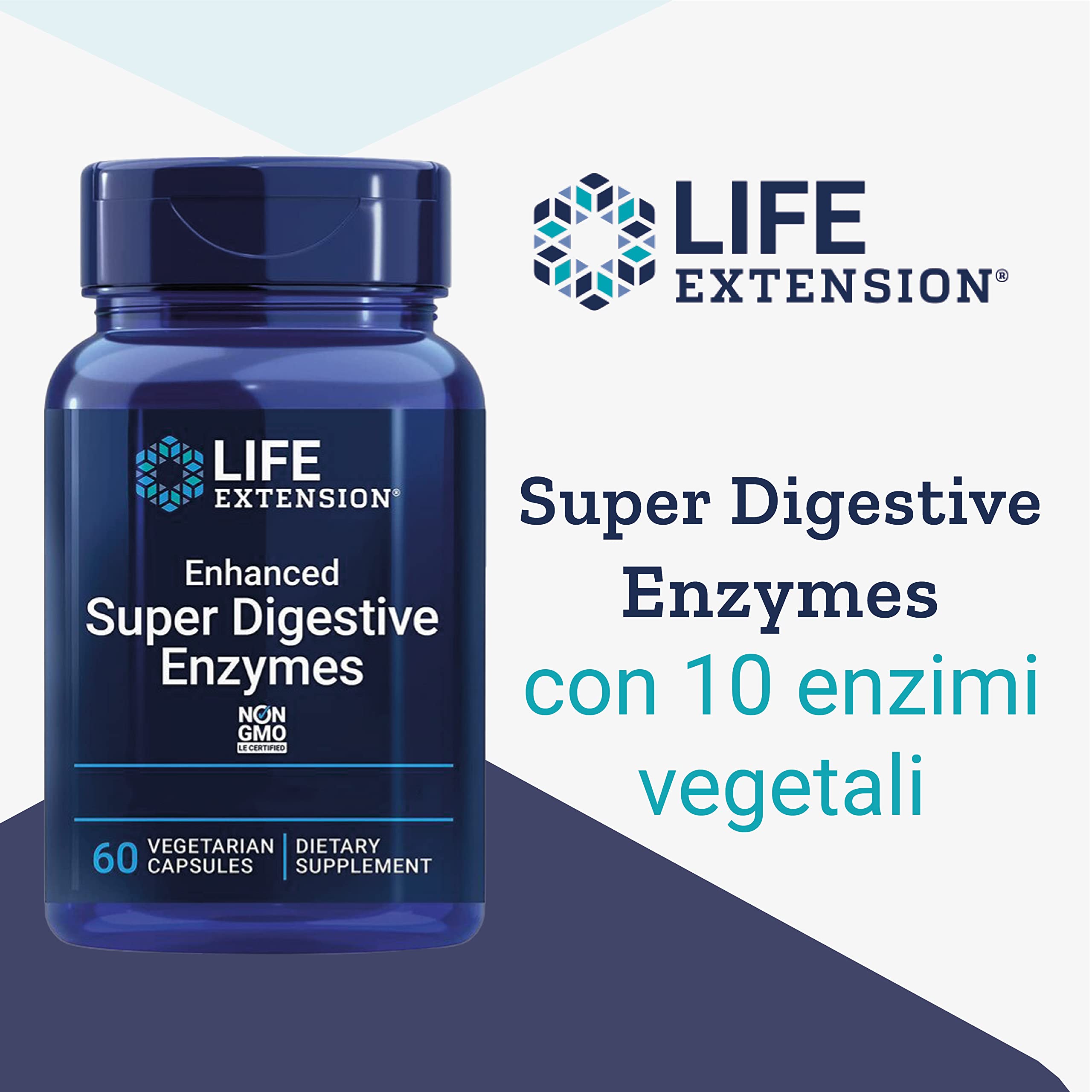 Life Extension, Enhanced Super Digestive Enzymes, Dose Elevata, 60 Capsule vegetali, Testate in Laboratorio, Senza OGM
