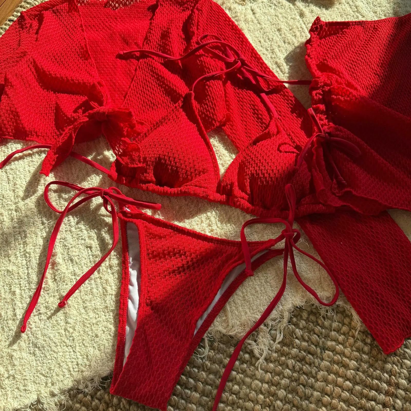 Costume Set di Bikini Rosso all'Uncinetto alla Moda - da Bagno Donna A 4 Pezzi Halter Triangolo con Top Manica Campana E Mini Gonna-Red-s