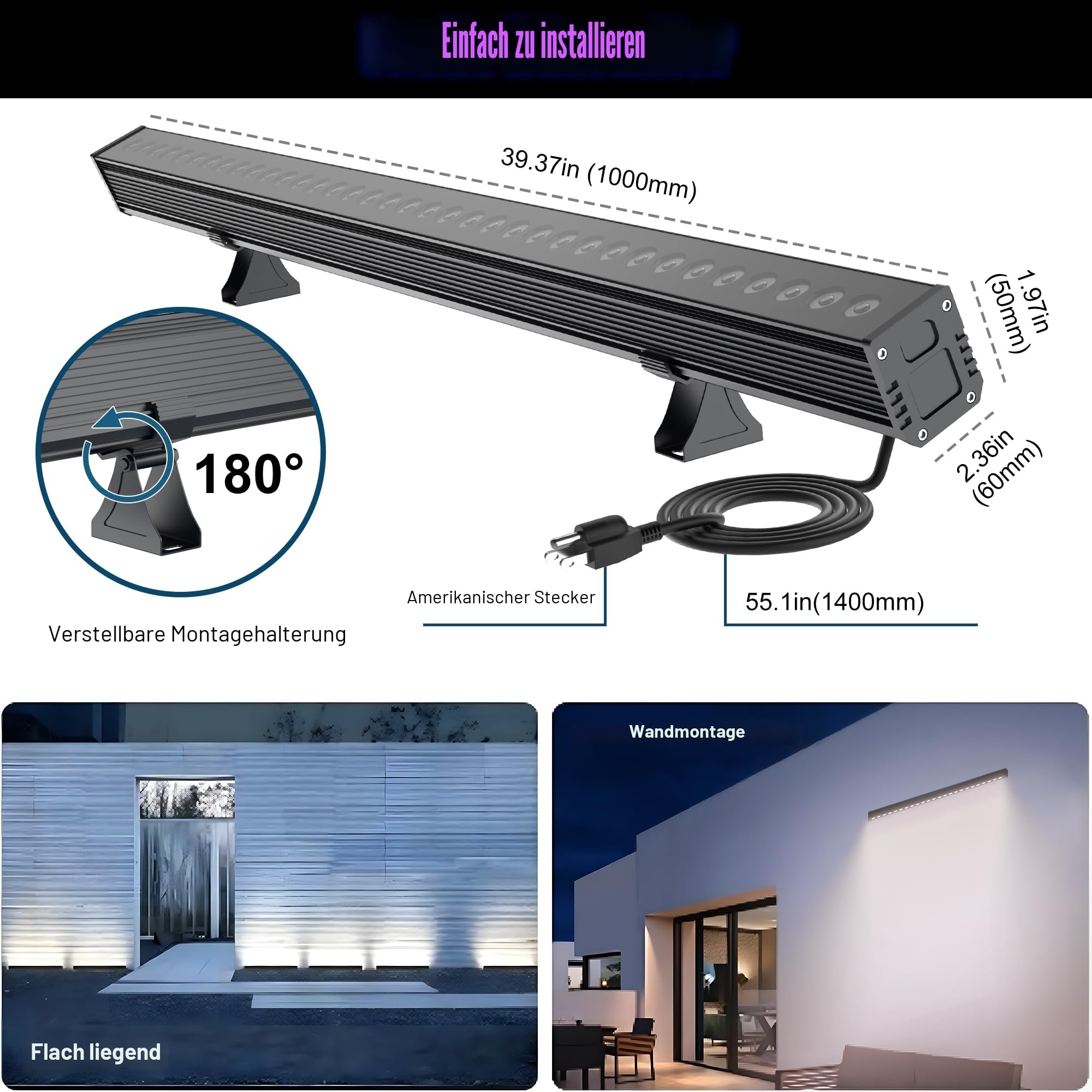 Wall Washer LED Lichtleiste 100cm RGBCW 2700K-6500K dimmbar, Smart App-Steuerung, IP65 wasserdicht, Musik-Sync, Wandfluter für Garten, Party, Außenbereich