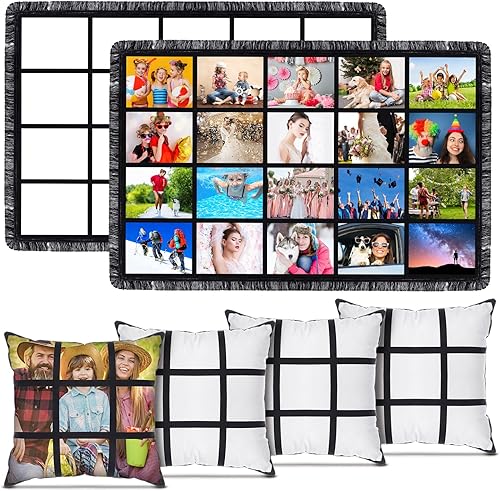 Kinlop 6 mantas de sublimación en blanco de 40 x 60 pulgadas con 20 paneles y fundas de almohada en blanco de sublimación, funda de cojín con 9