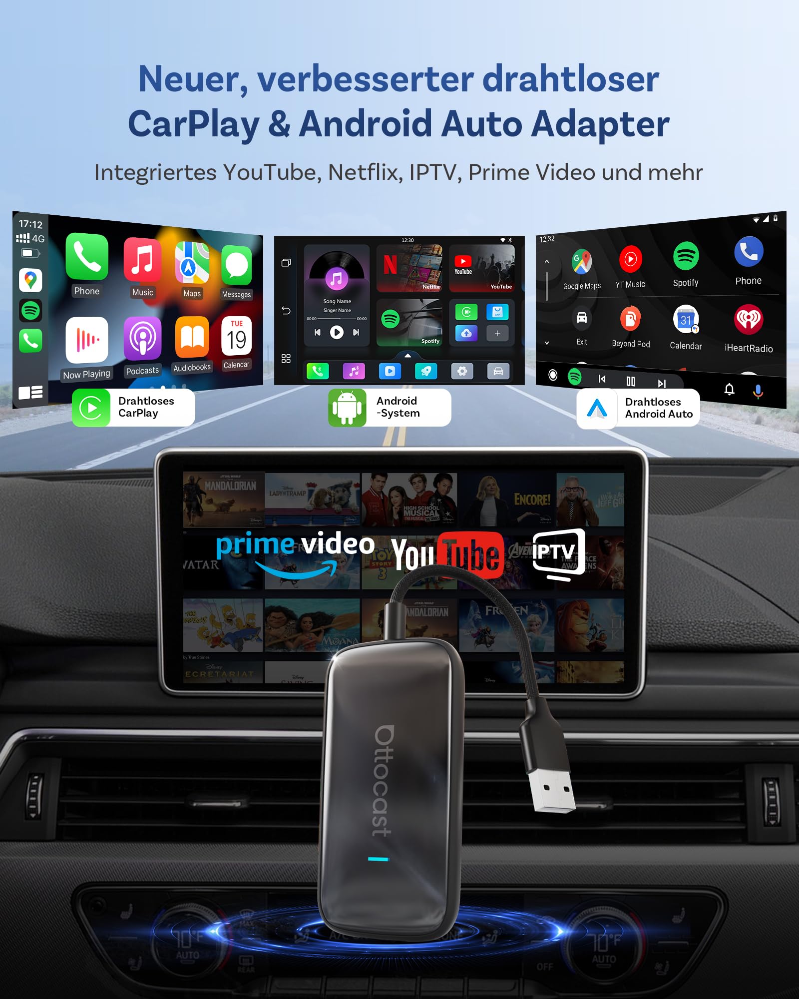OTTOCAST Play2Video Ultra, Kabelloser CarPlay Adapter & Android Auto AI Box mit Netflix YouTube WiFi 6 5G Bluetooth 5.4 CarPlay Netflix Adapter für die meisten Fahrzeuge ab 2016