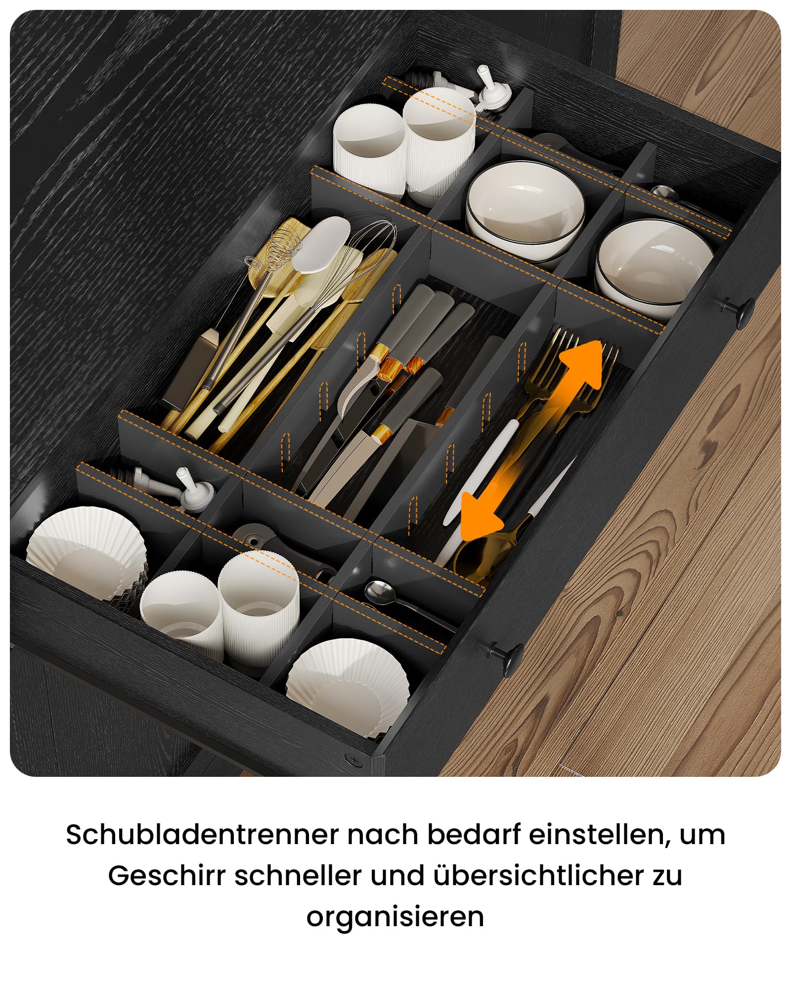 Küchenschrank mit Arbeitsplatte, Sideboard mit LED, Steckdose, Buffetschrank mit Schubladen, Verstellbaren Ablagen, Großer Stauraum, Küche, Wohnzimmer, Esszimmer, 103.5*40*180 cm, Schwarz