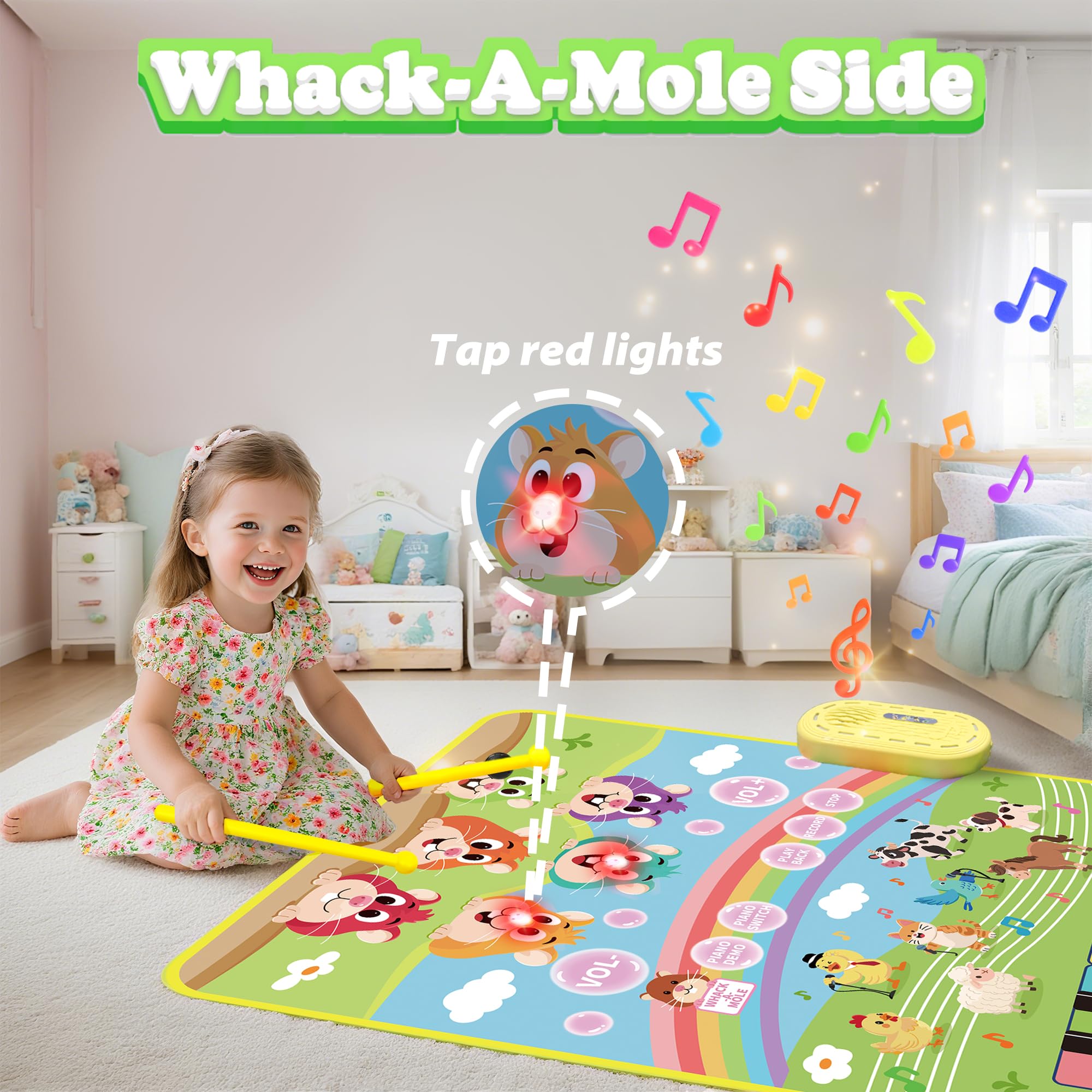 MOMUSE 3-in-1 Musical Play Mat for 1+ Kids, Whack-a-Mole Game Floor Piano Mat with 30 Sound & Function Keys - Image 2