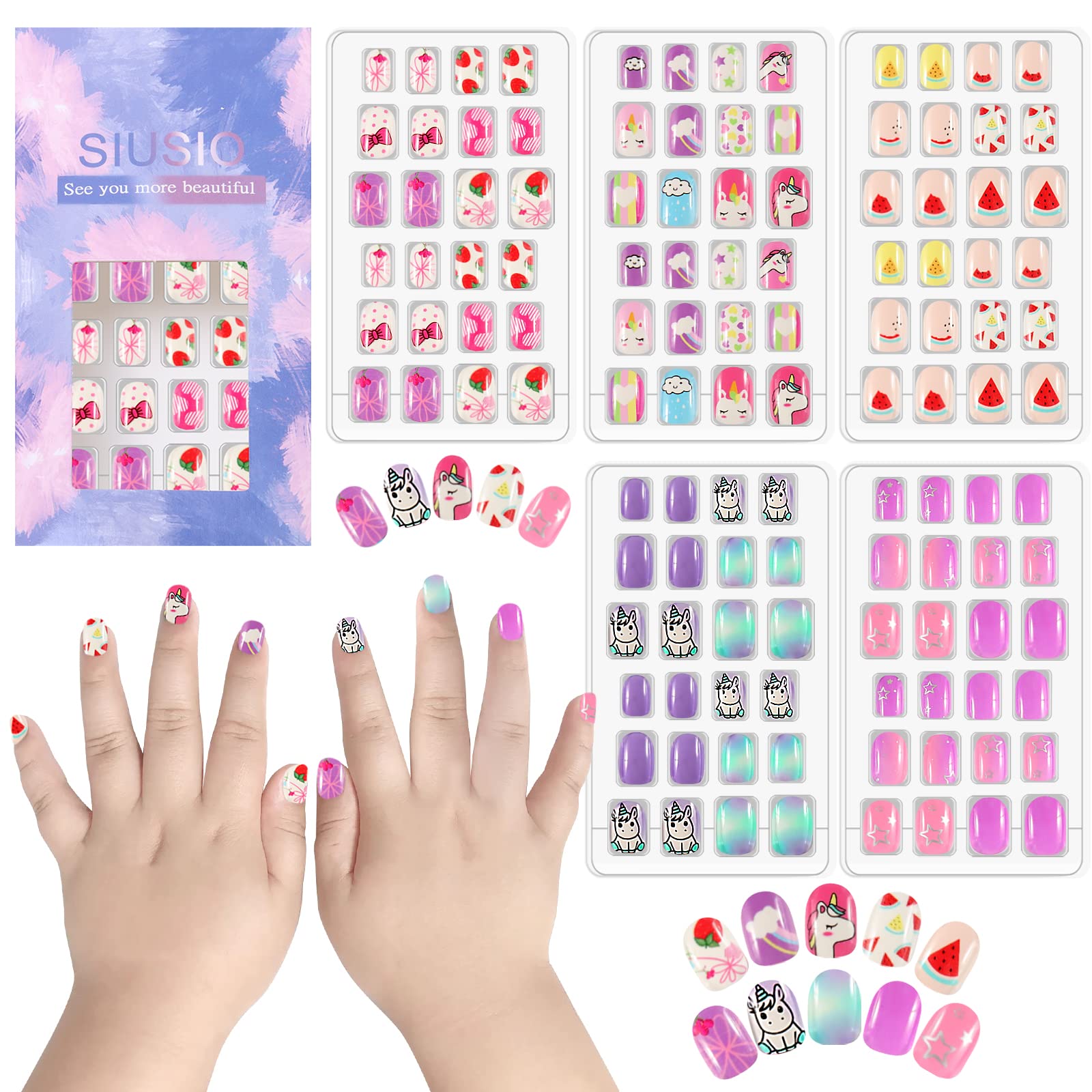 SIUSIO 120 Pcs 5 Pack Children Acrylic Fake Nails Press on Pre-glue Full Cover Glitter Gradient Color Rainbow Short Kids Stick On False Nail Art Kits Set for Kids Little Girls - Cutie Unicorn Theme