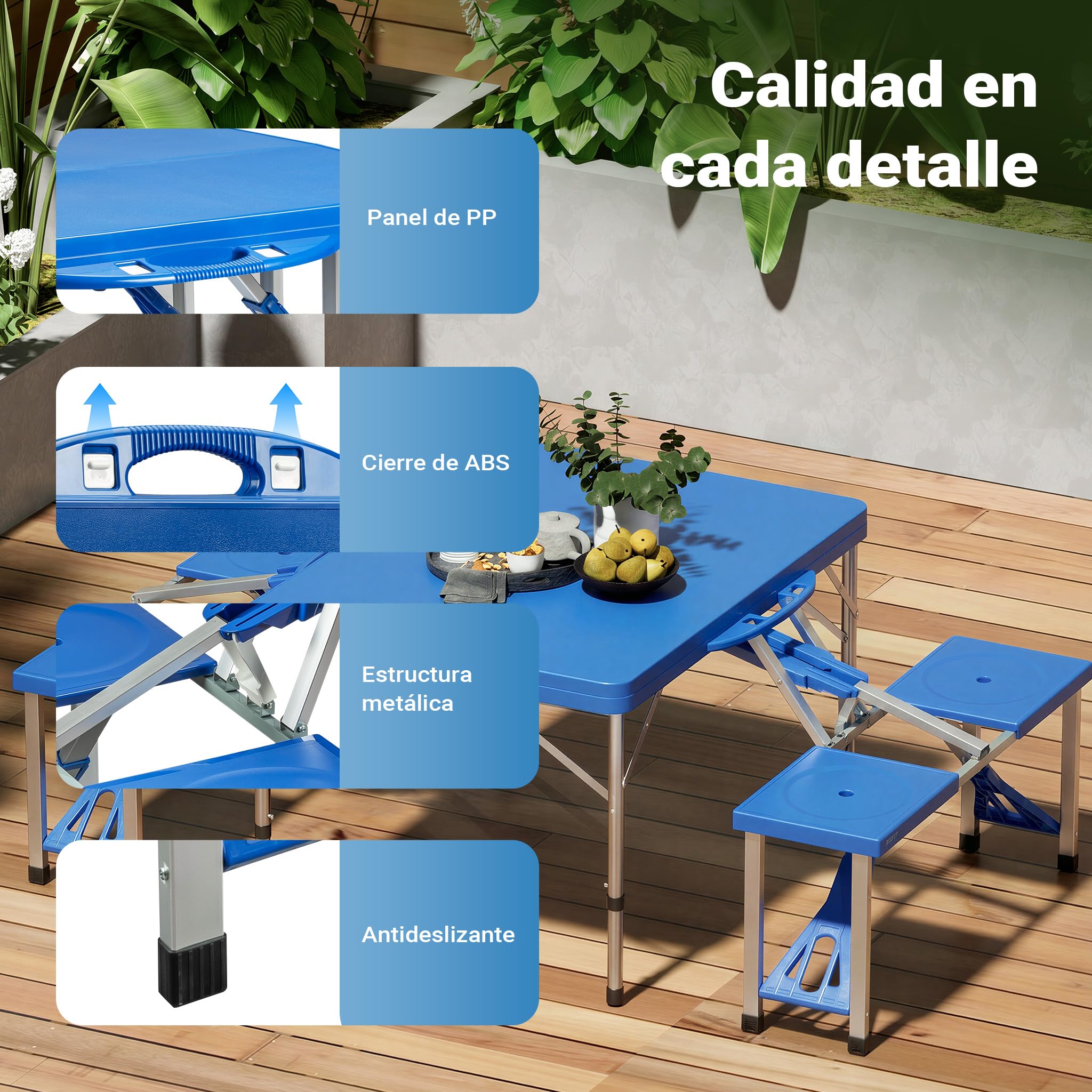 WilTec Set de Camping Plegable Mesa y 4 Asientos en una Pieza Outdoor Picnic Acampada Vacaciones Excursión